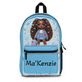 Personalized Blue Kids Backpack with Curly-Haired Doll Design — "Ma'Kenzie"