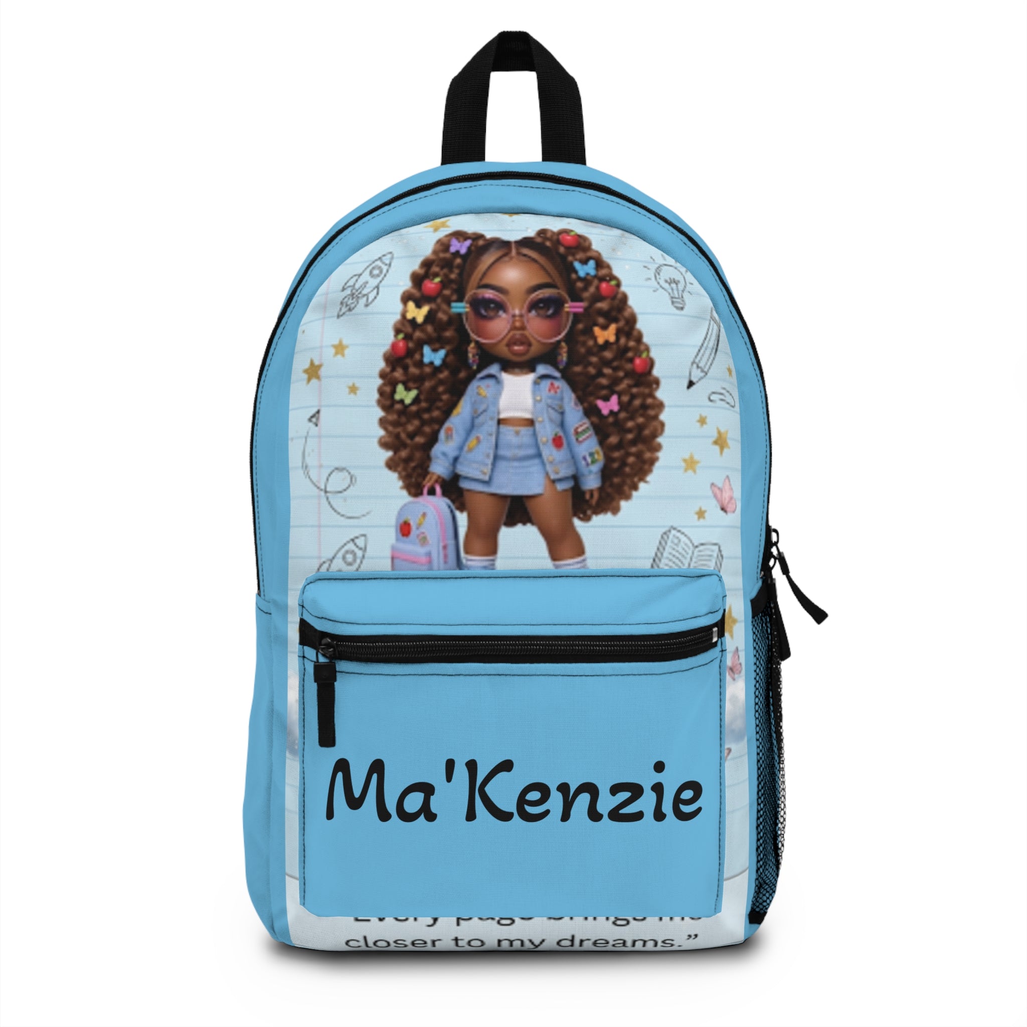 Personalized Blue Kids Backpack with Curly-Haired Doll Design — "Ma'Kenzie"
