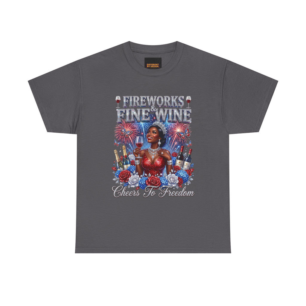 Fireworks & Fine Wine Tee — Cheers to Freedom 4th of July Patriotic Shirt