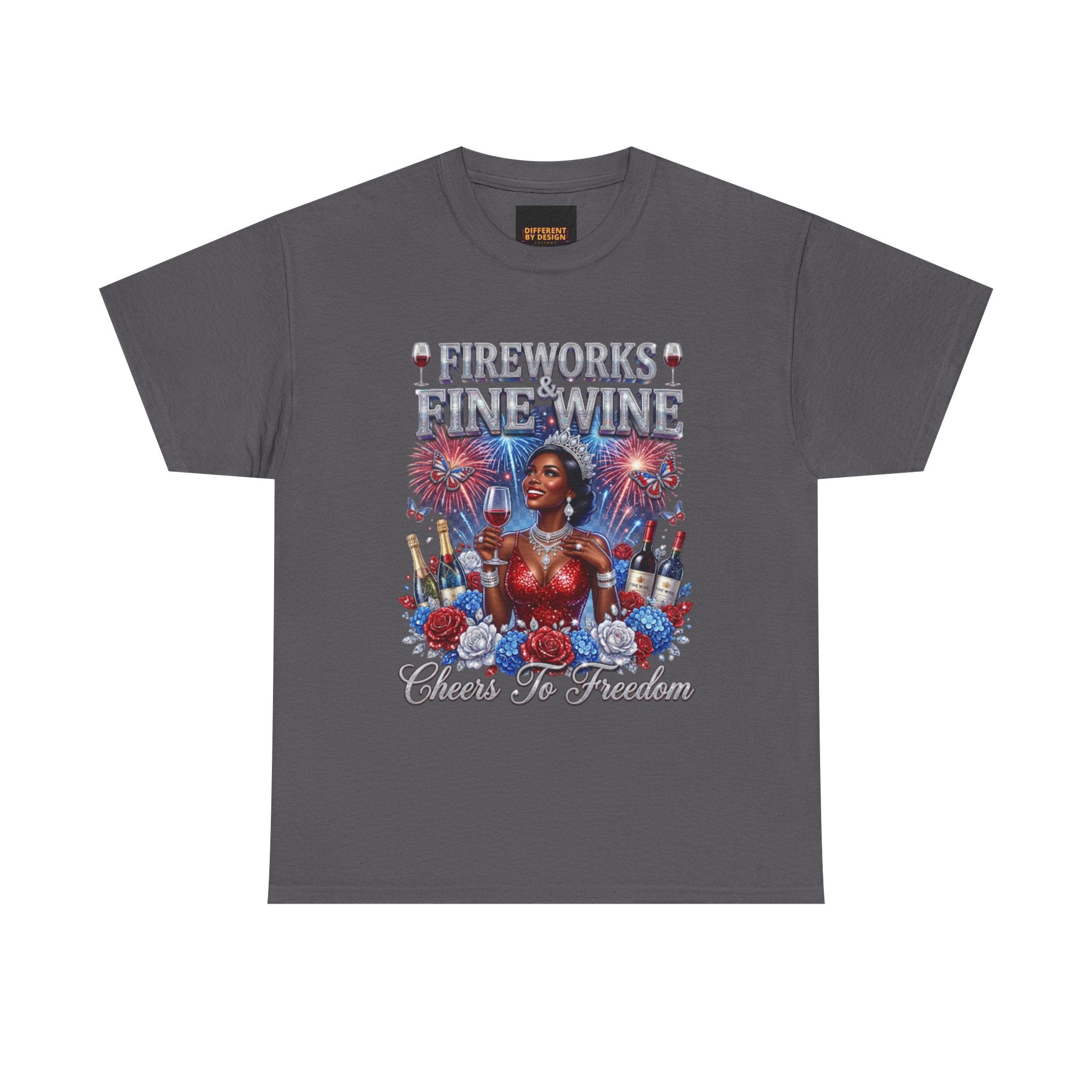 Fireworks & Fine Wine Tee — Cheers to Freedom 4th of July Patriotic Shirt