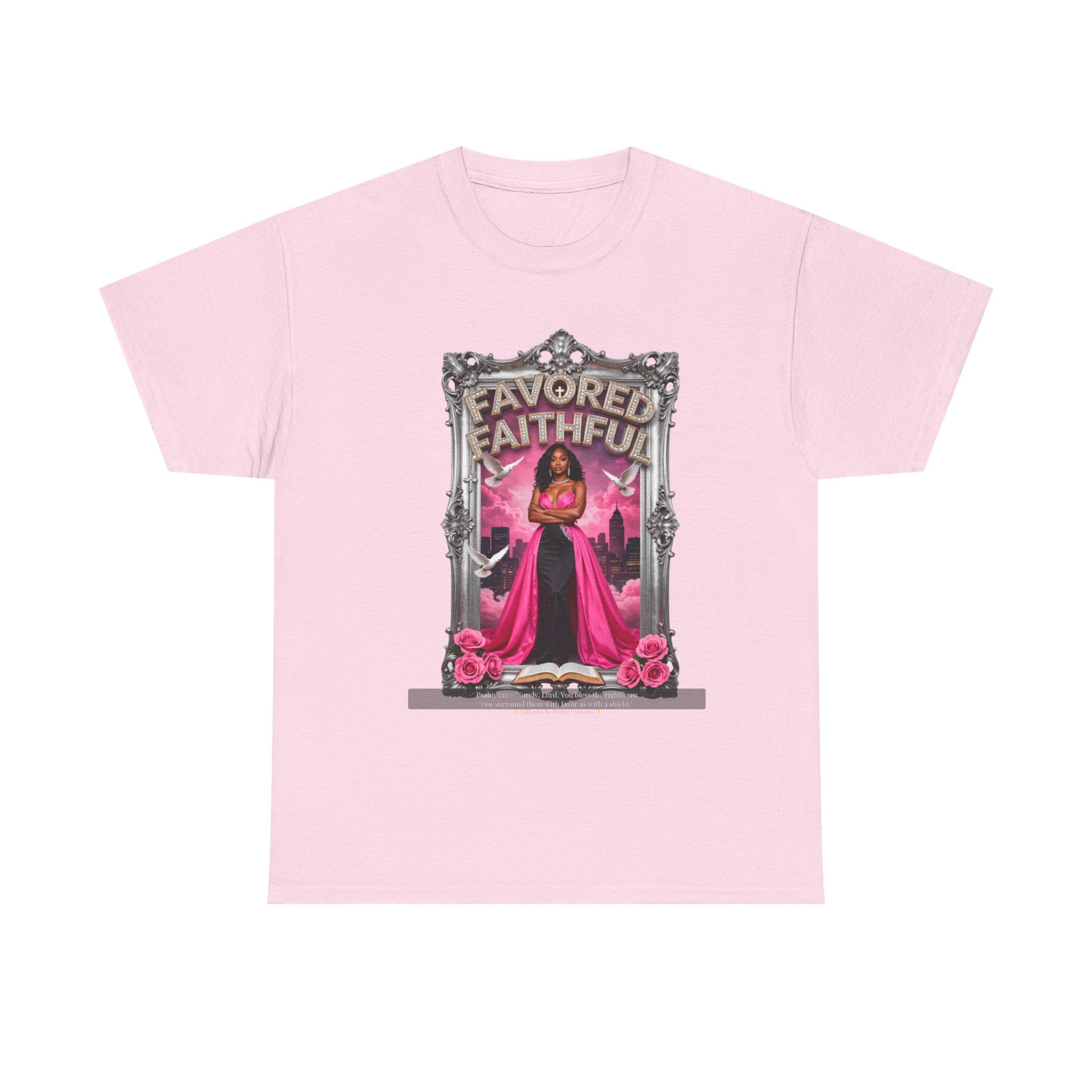 Favored & Faithful Graphic Tee — Pink Gothic Woman Illustration