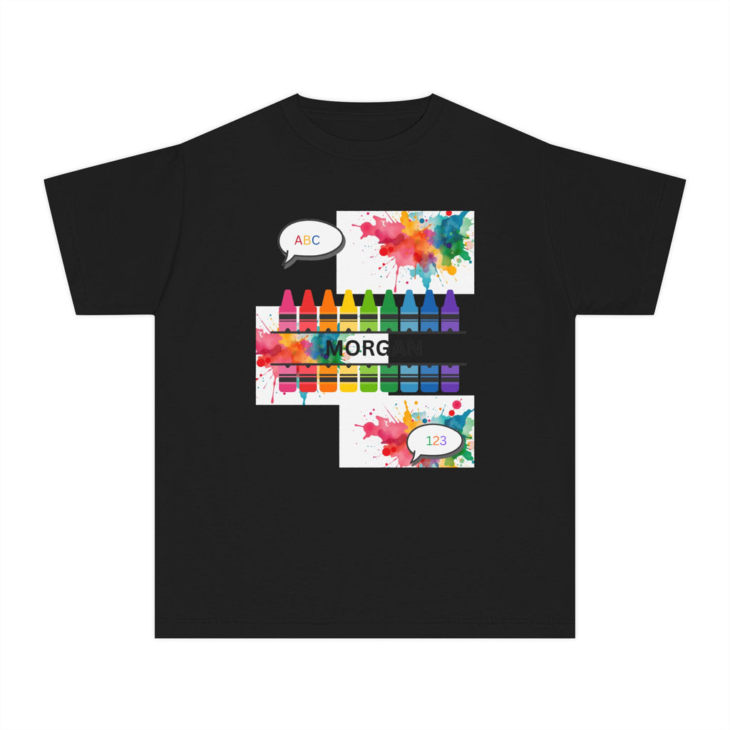 Kids Crayon Name T‑Shirt — Personalized Colorful Art Tee (ABC, 1-2)