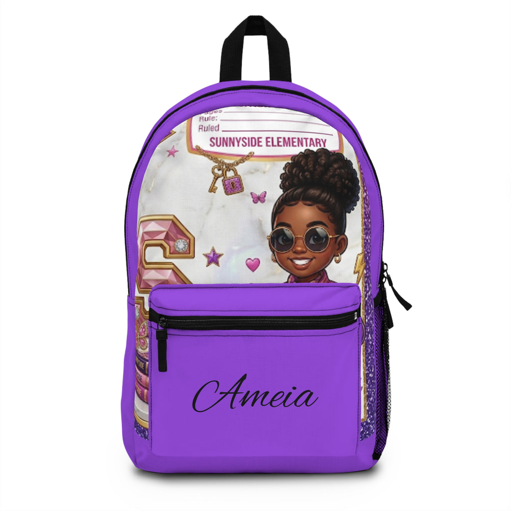 Personalized Purple Kids Backpack – "Ameia" Sunnyside Elementary Design