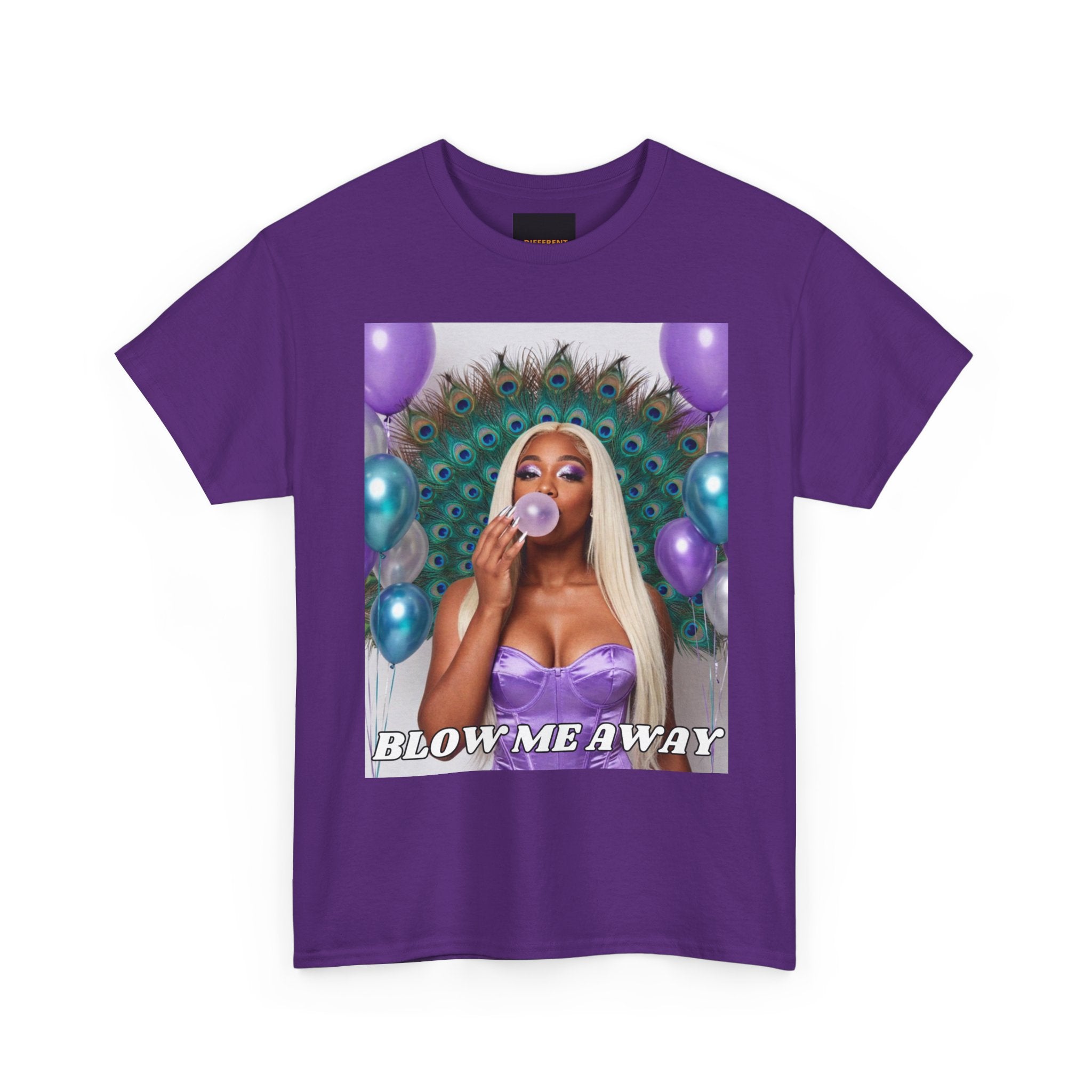 T-Shirt — "Blow Me Away" Bubblegum Pop Graphic Tee (Purple Peacock Design)