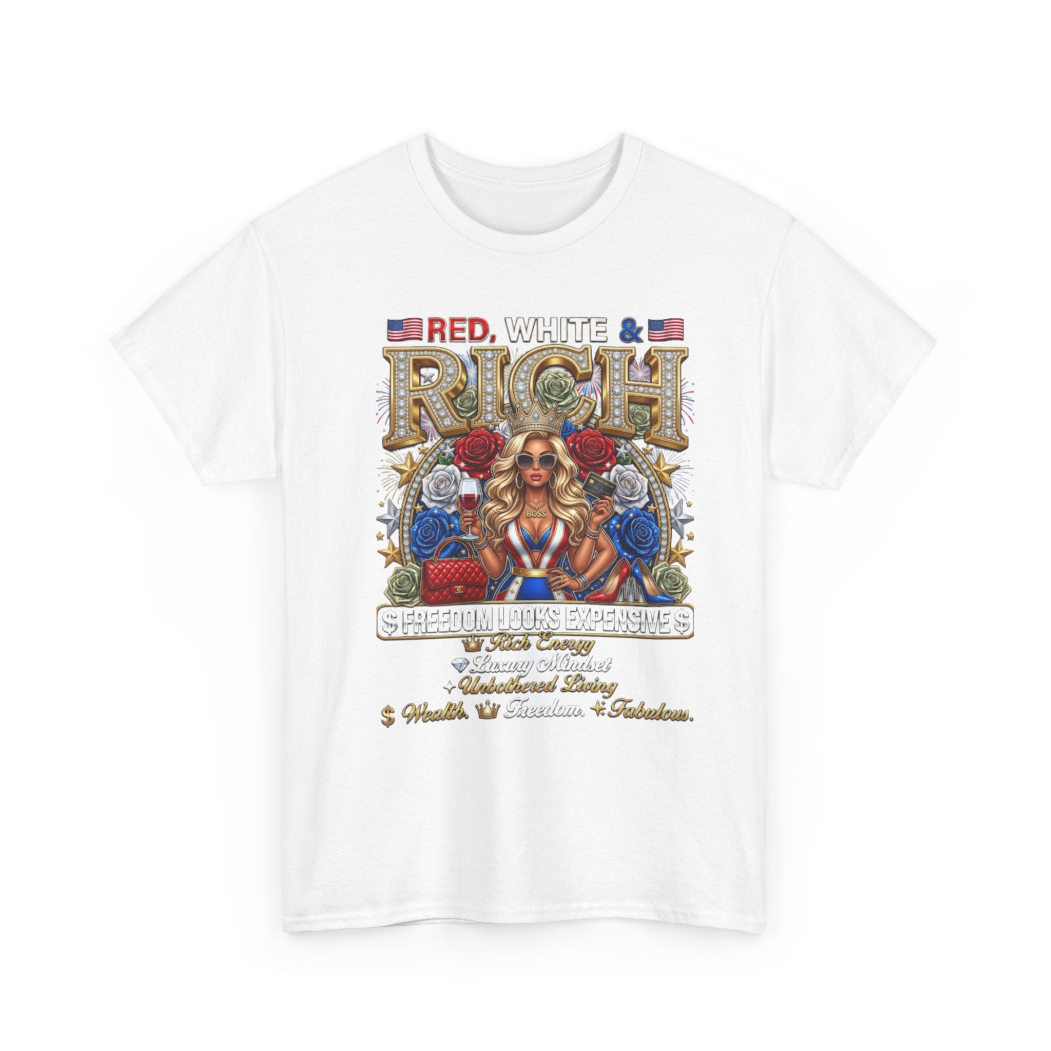 Red, White & Rich Graphic T-Shirt — Patriotic Vintage Pinup Tee
