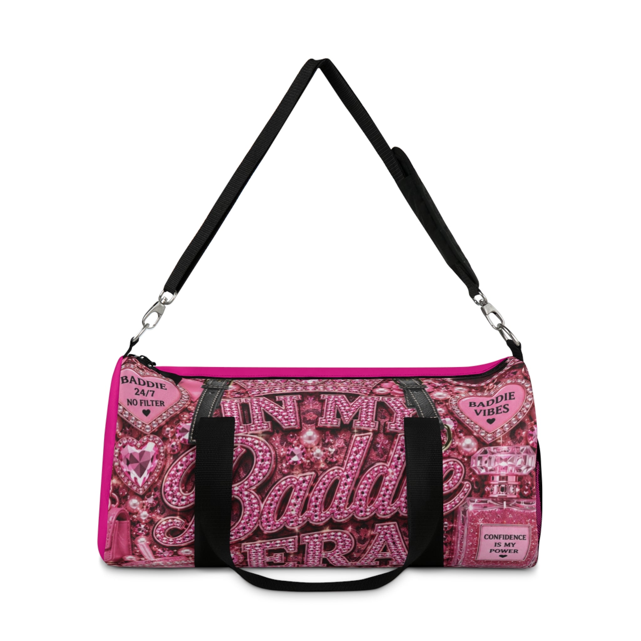 Pink Baddie Vibes Duffel Bag — Trendy Glitter Heart Travel Bag