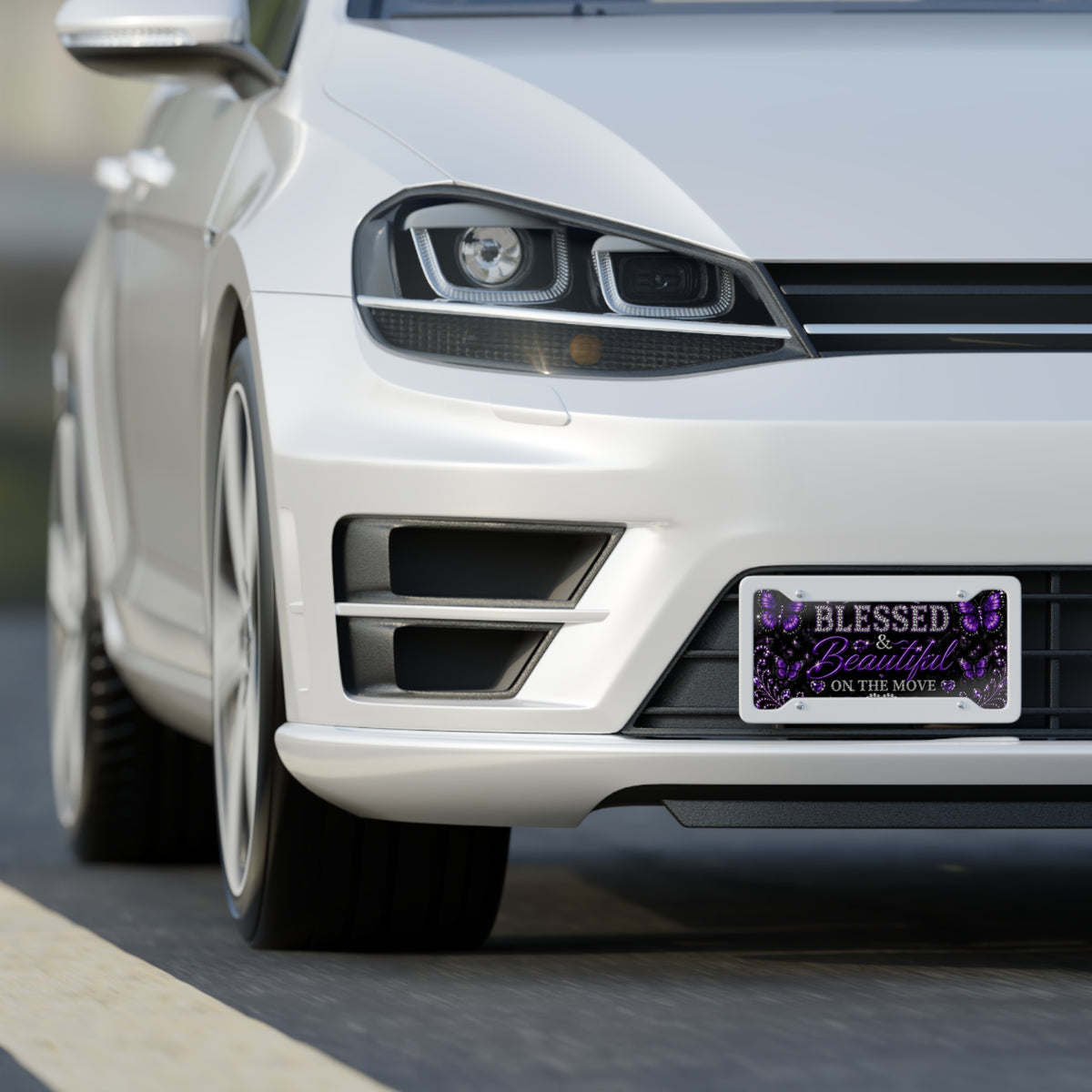 Blessed & Beautiful on the Move Decorative License Plate — Purple Butterfly Rhinestone Design