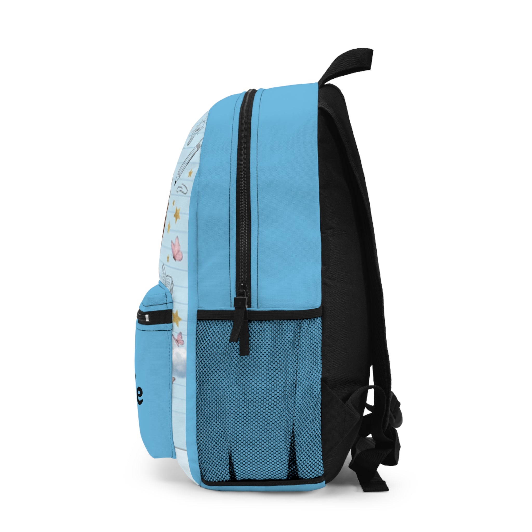Personalized Blue Kids Backpack with Curly-Haired Doll Design — "Ma'Kenzie"