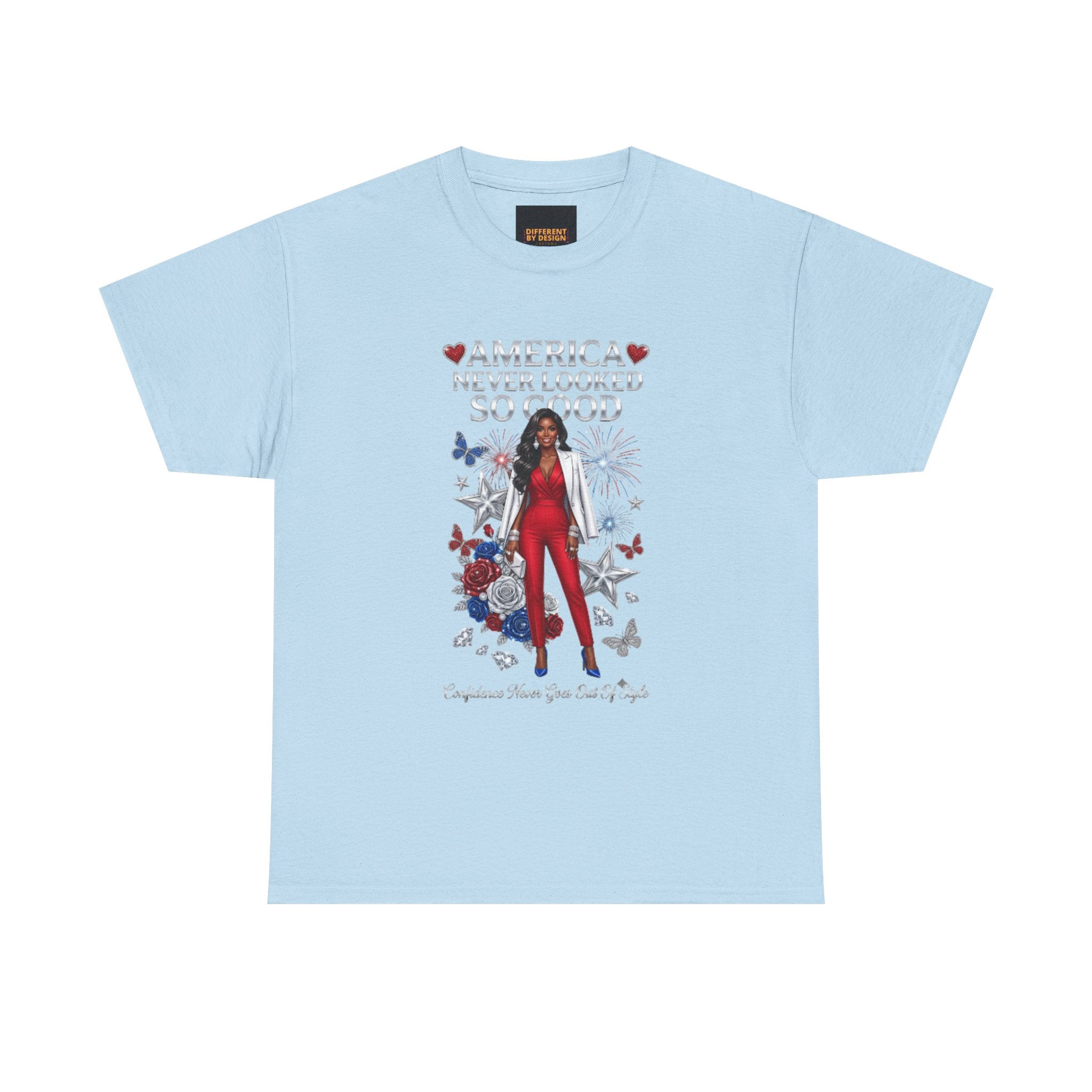 Patriotic 'America Never Looked So Good' Tee — Women's Red Jumpsuit 4th of July Shirt