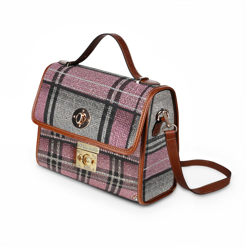 Plaid Waterproof Canvas Handbag — Pink Gray Tartan Crossbody Tote