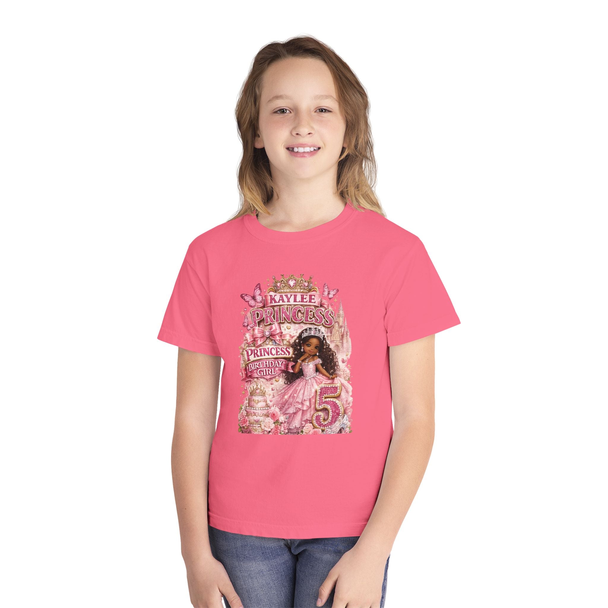 Personalized Princess Birthday Tee — "Kaylee" Glitter Pink 5th Birthday Shirt