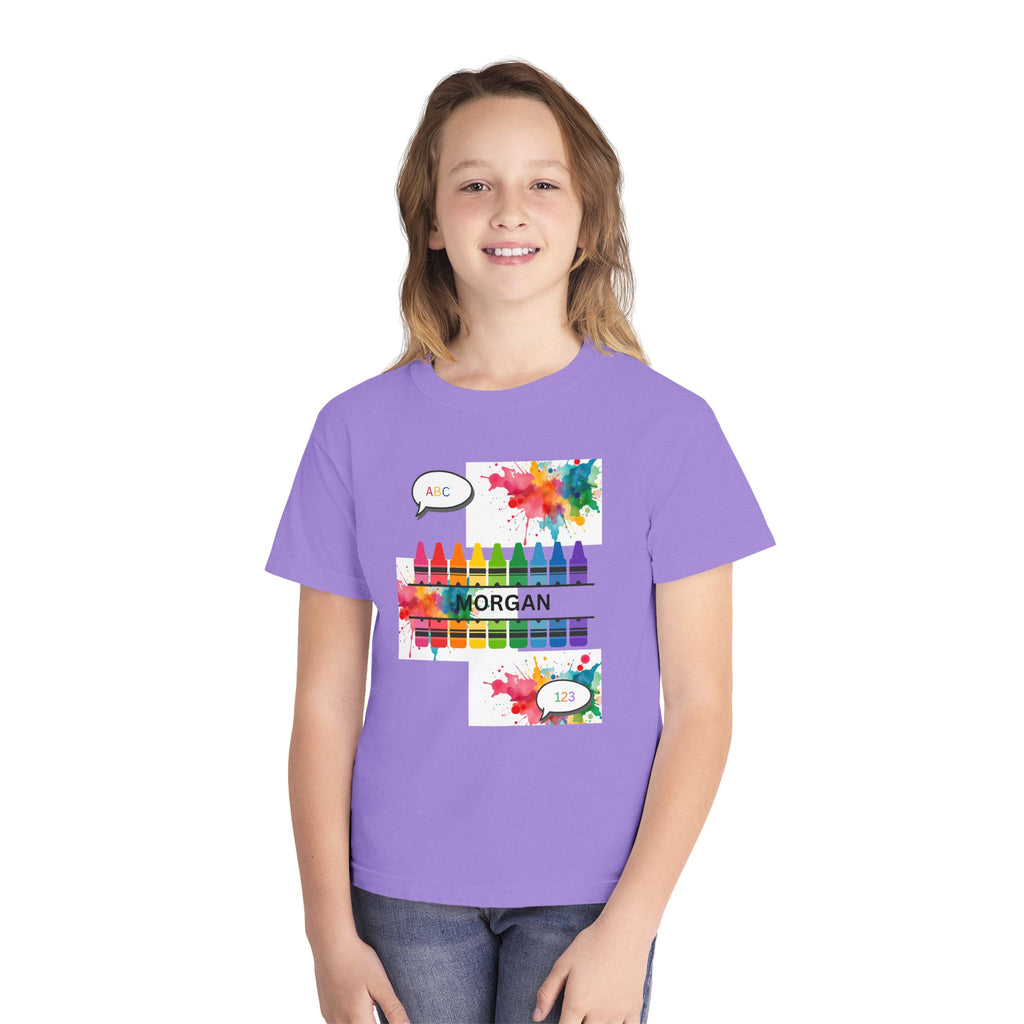 Kids Crayon Name T‑Shirt — Personalized Colorful Art Tee (ABC, 1-2)