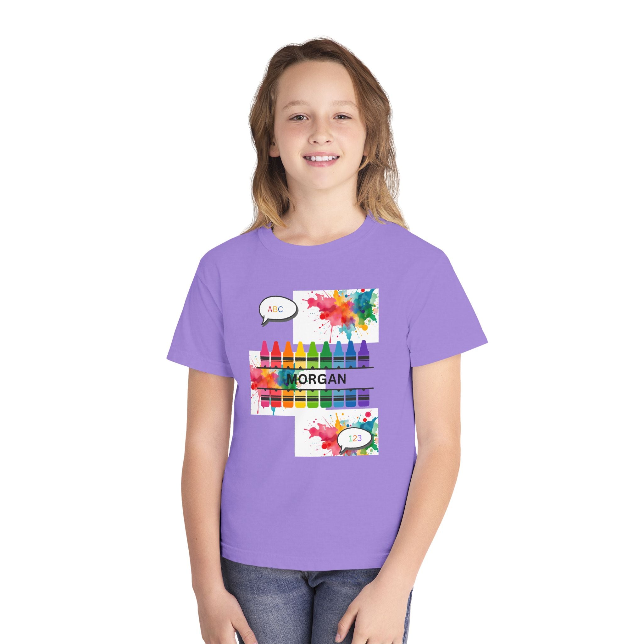 Kids Crayon Name T‑Shirt — Personalized Colorful Art Tee (ABC, 1-2)