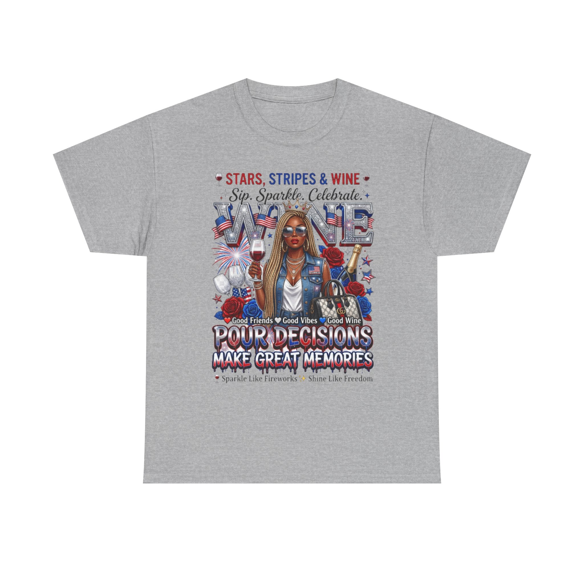 Fourth of July Wine Tee – "Stars, Stripes & Wine" Patriotic Graphic T-Shirt