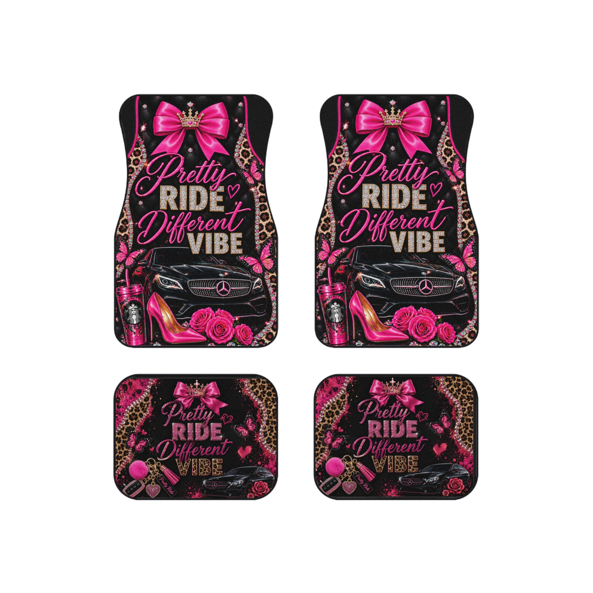 Car Mats - "Pretty Ride Different Vibe" Pink Glam Floor Mat Set (4pc)