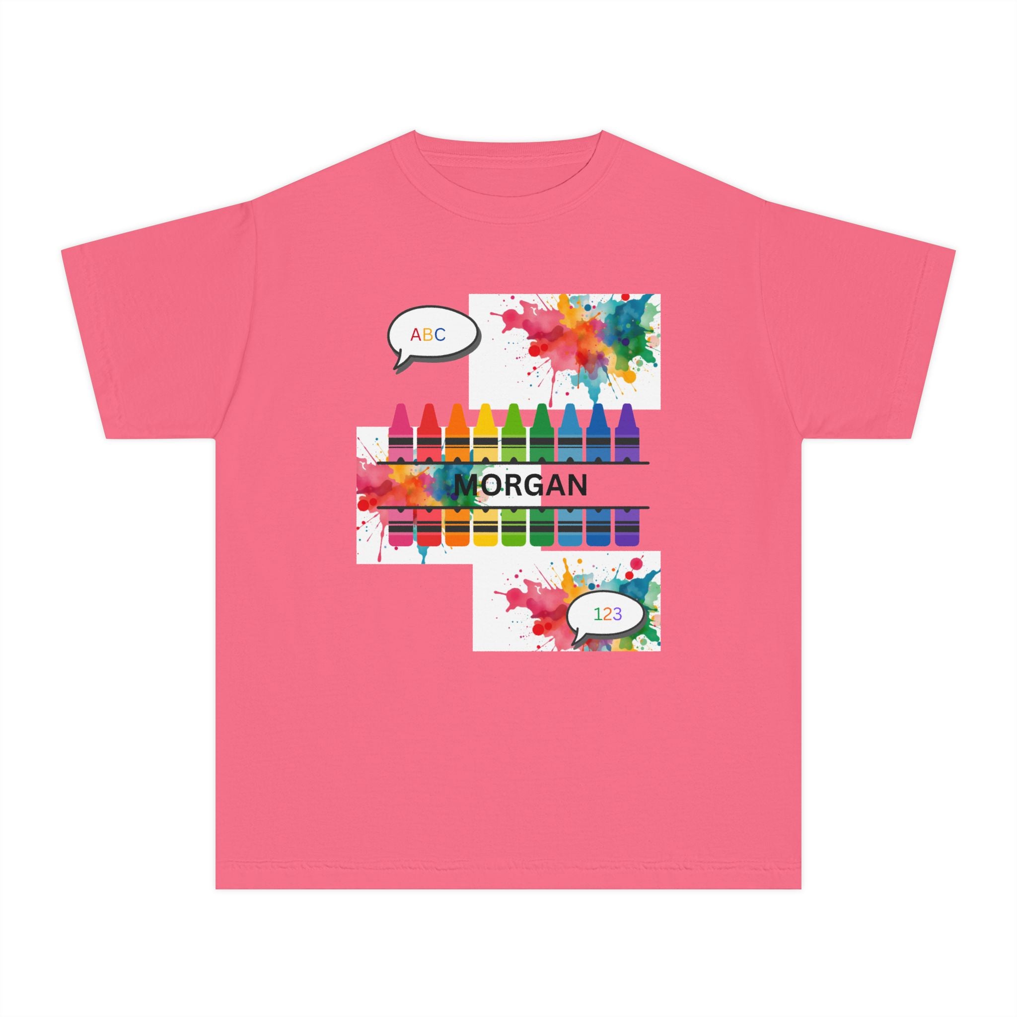 Kids Crayon Name T‑Shirt — Personalized Colorful Art Tee (ABC, 1-2)
