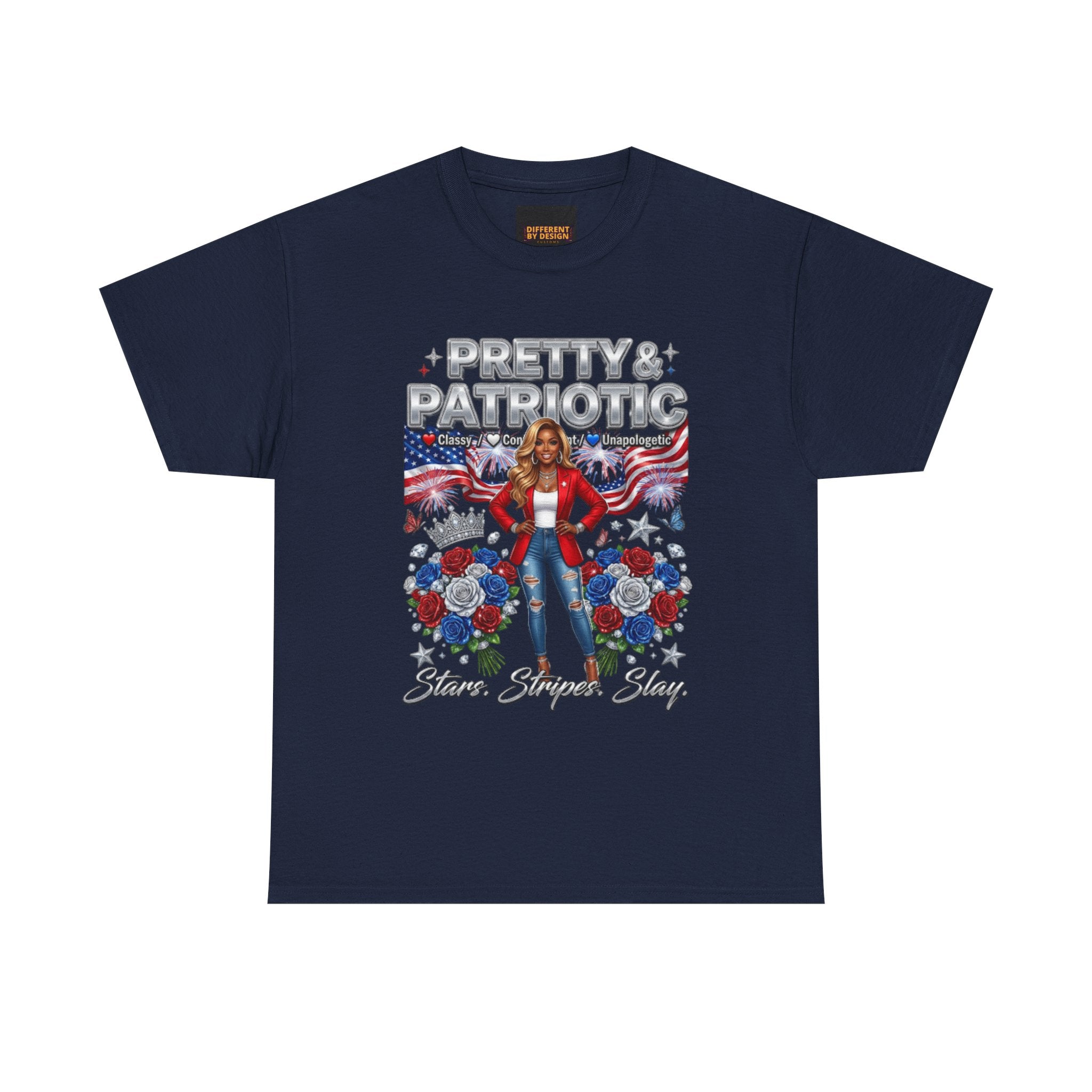 Pretty & Patriotic Tee – Red White Blue July 4th Graphic Shirt