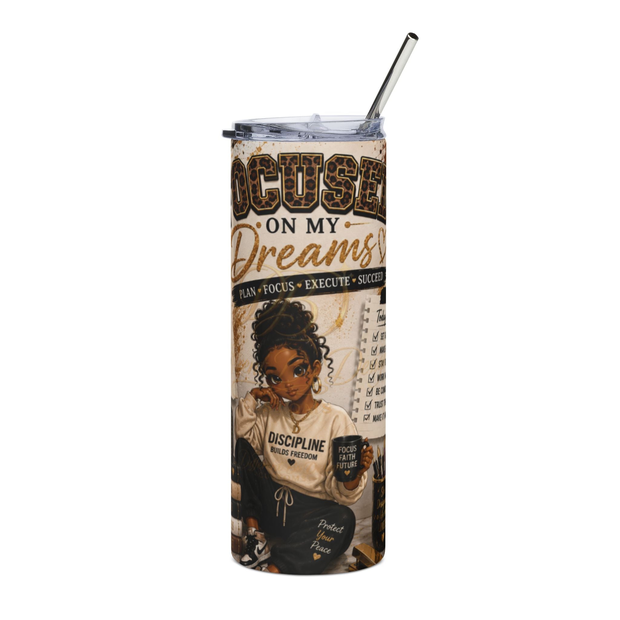 20oz Stainless Tumbler — "Focused on My Dreams" Leopard Print Motivational Travel Mug