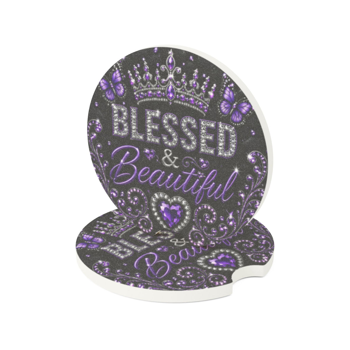 Soapstone Car Coaster — "Blessed & Beautiful" Purple Crown Rhinestone Design