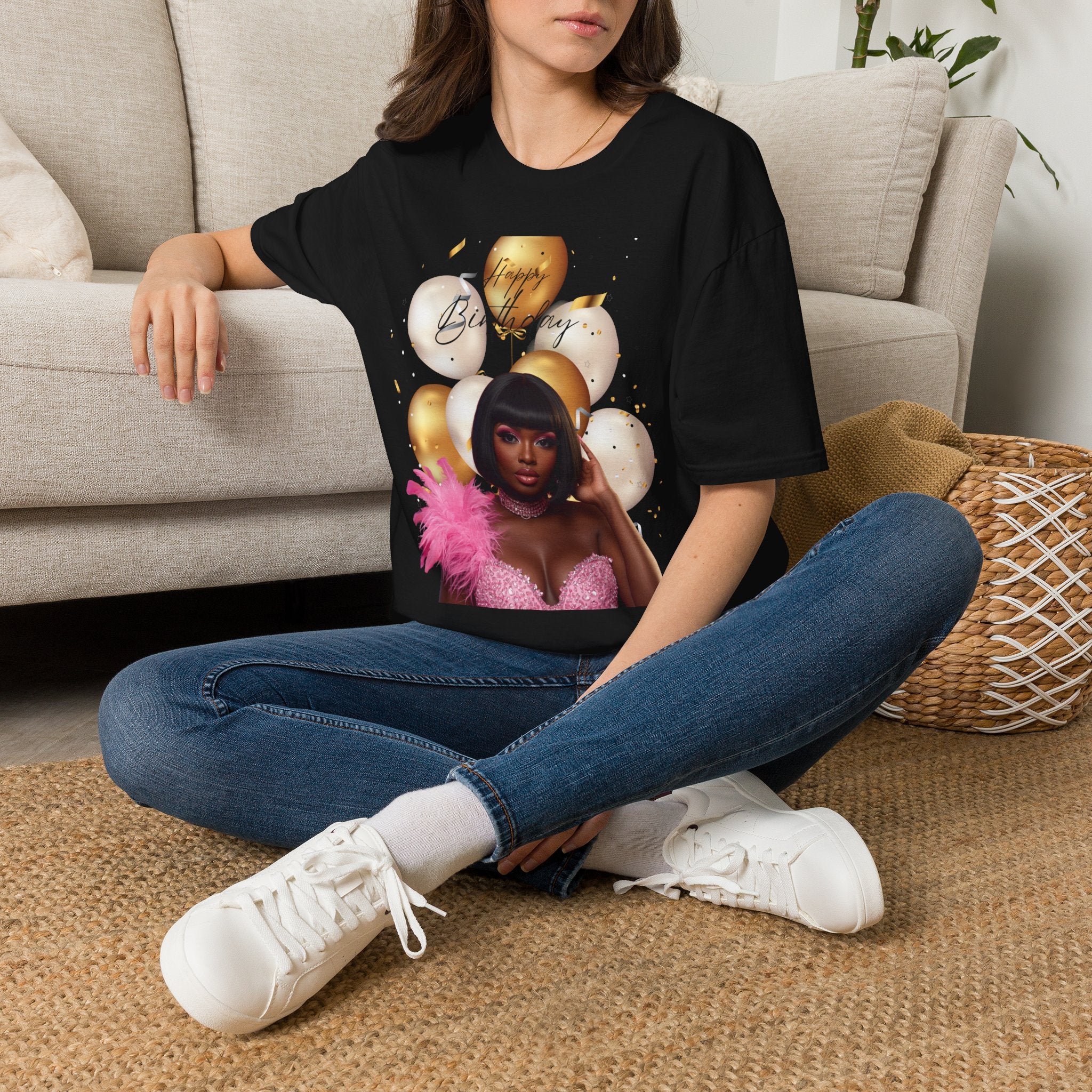 Happy Birthday Black Woman Balloon T-Shirt — Glam Birthday Graphic Tee