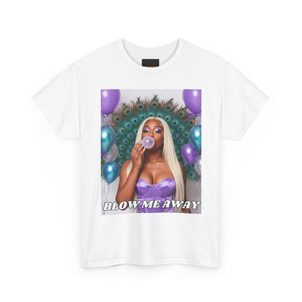 T-Shirt — "Blow Me Away" Bubblegum Pop Graphic Tee (Purple Peacock Design)
