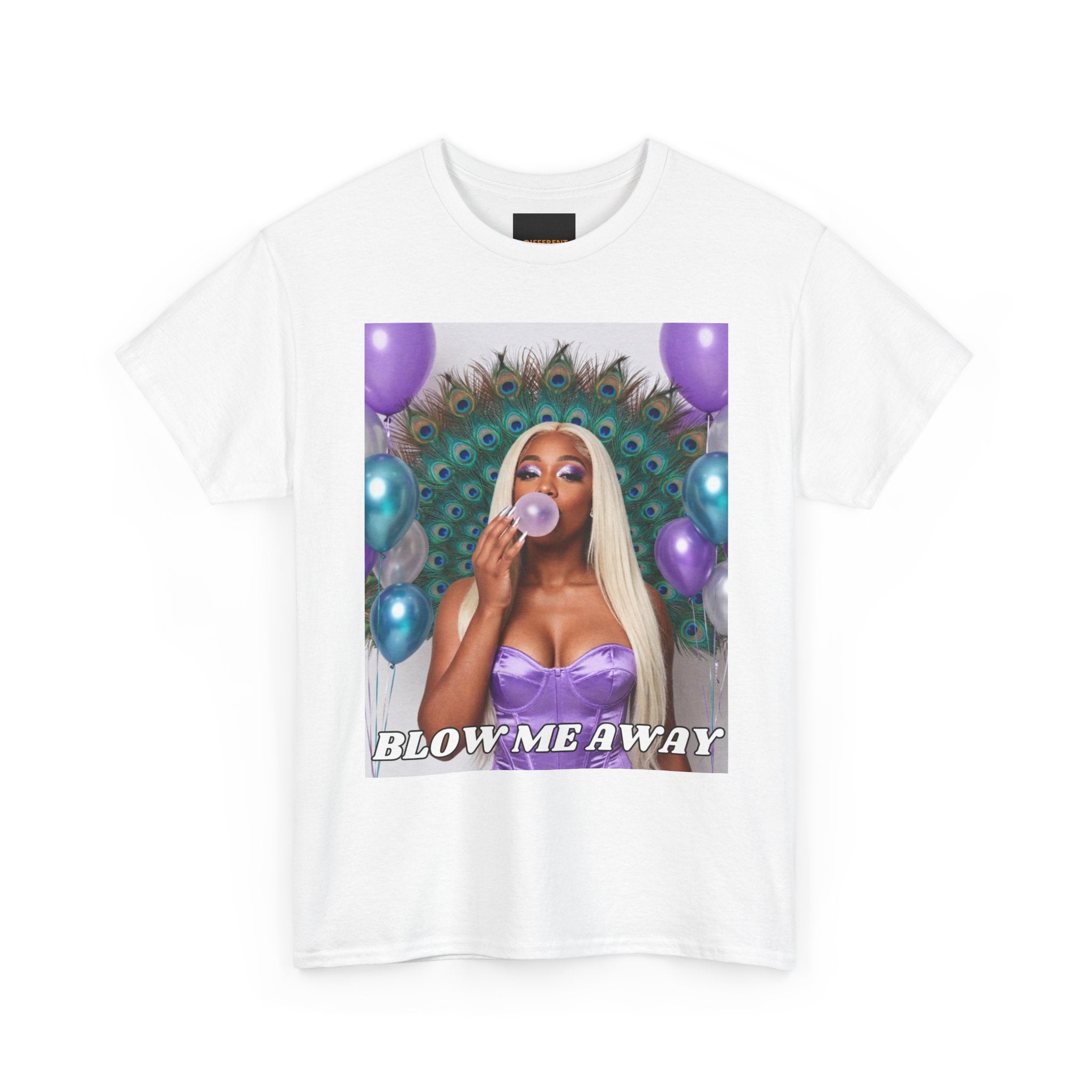 T-Shirt — "Blow Me Away" Bubblegum Pop Graphic Tee (Purple Peacock Design)