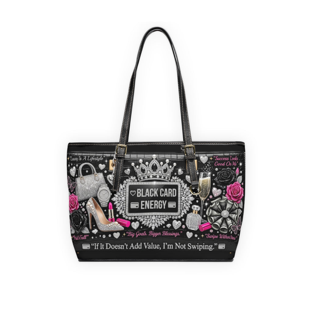 Tote Bag — "Black Card Energy" PU Leather Shoulder Tote with Glam Fashion Design