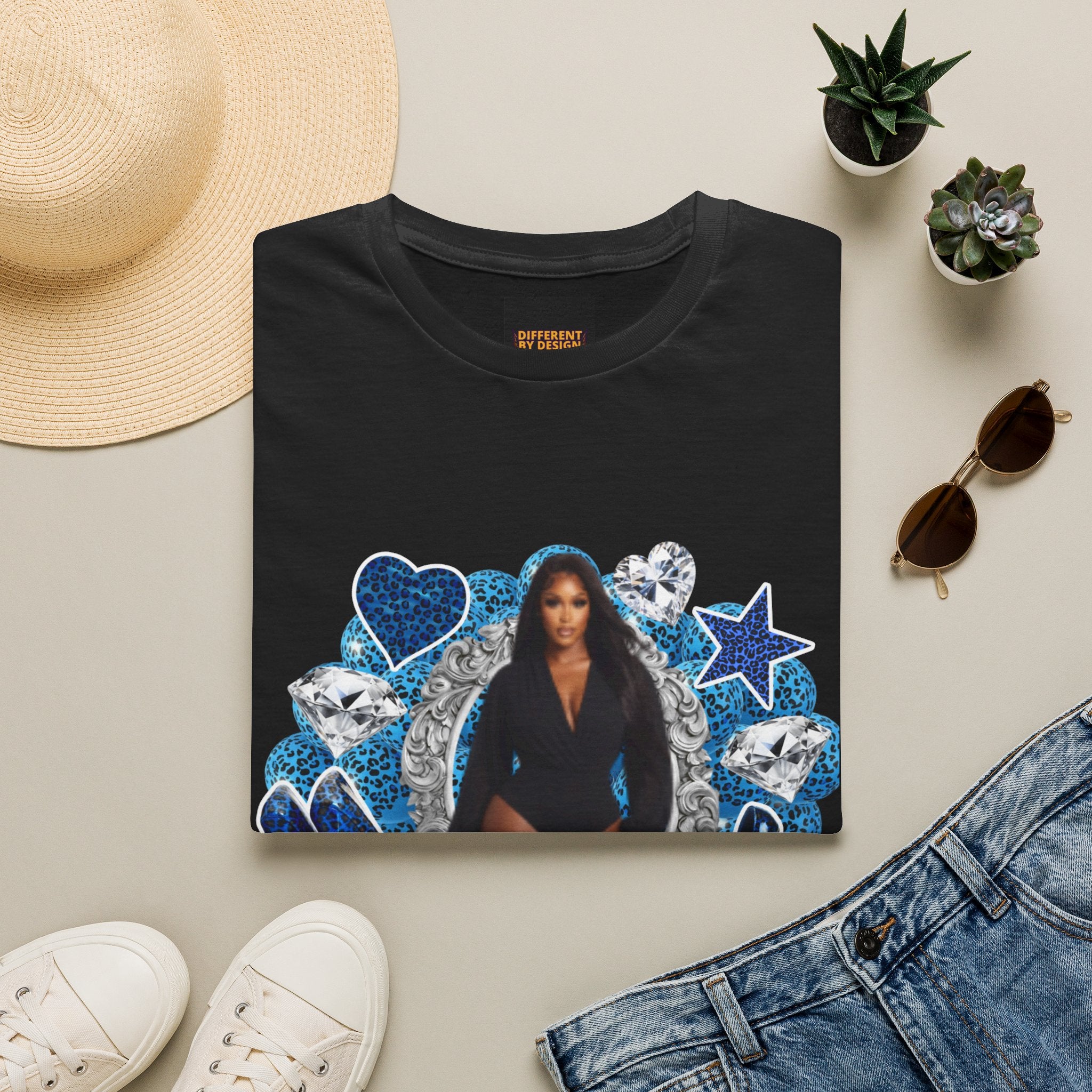 Custom Photo Birthday T-Shirt — Personalized "Birthday" Design with Blue Hearts & Diamonds