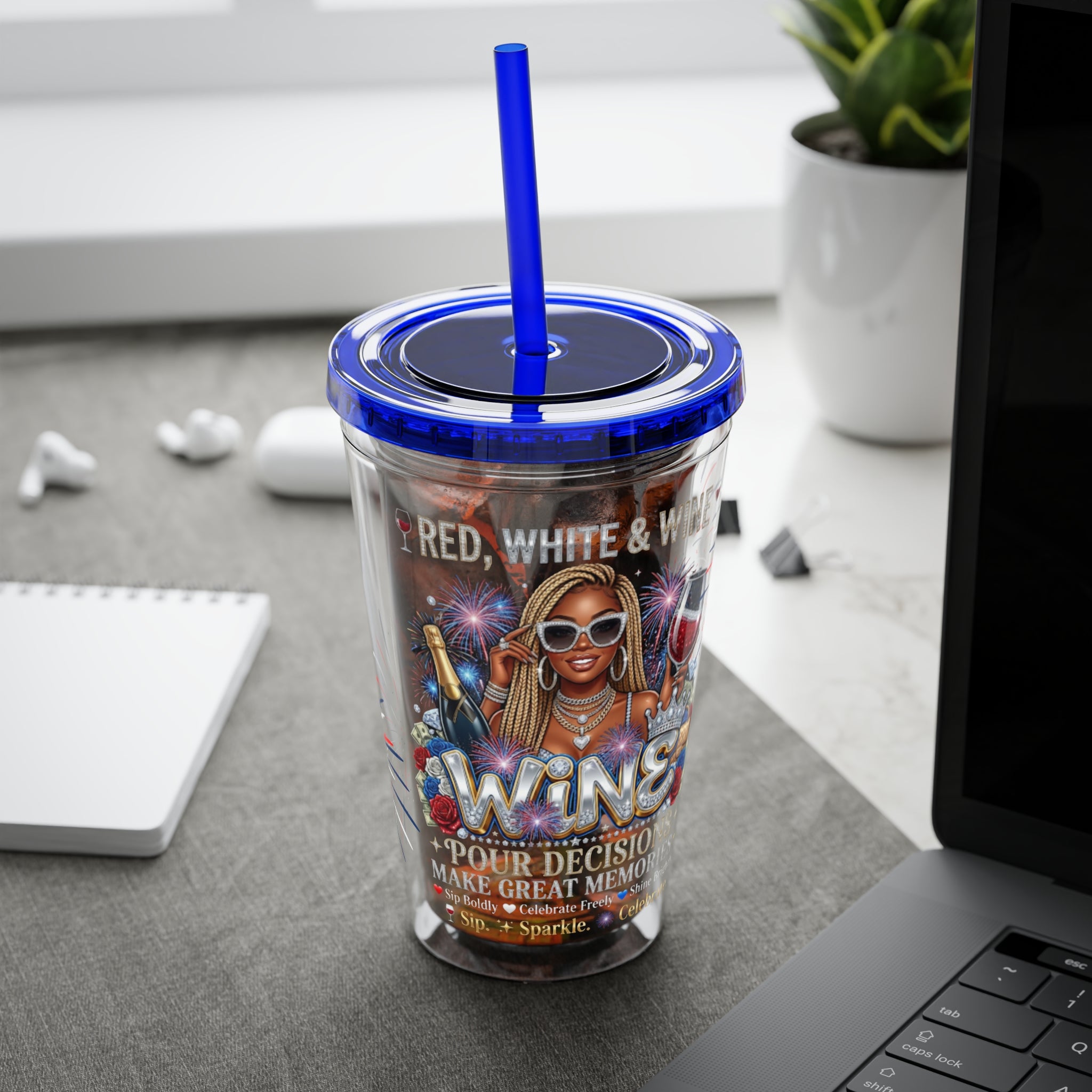 16oz Sunsplash Tumbler with Straw — 'Red, White & Wine' Patriotic Wine Lover Cup
