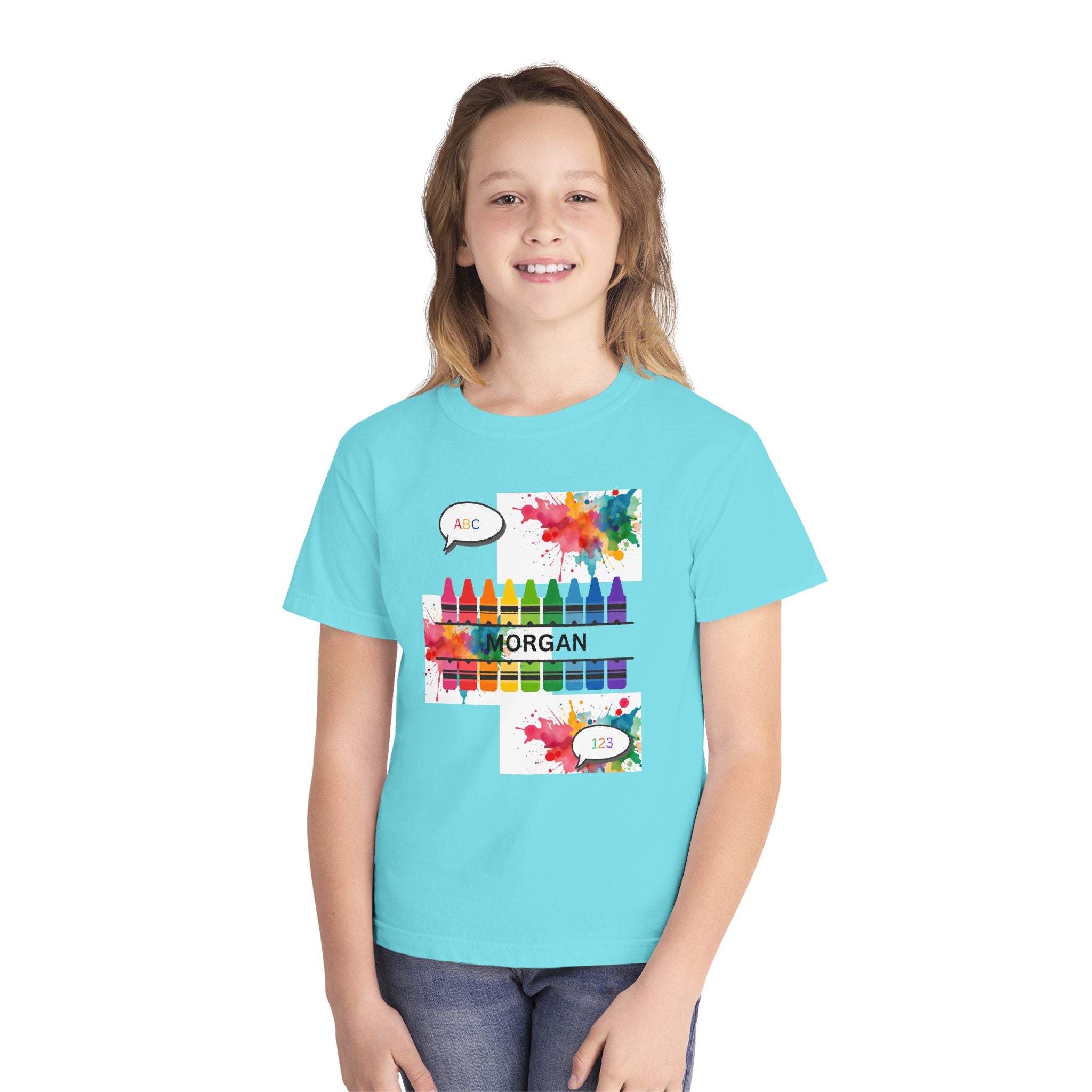 Kids Crayon Name T‑Shirt — Personalized Colorful Art Tee (ABC, 1-2)