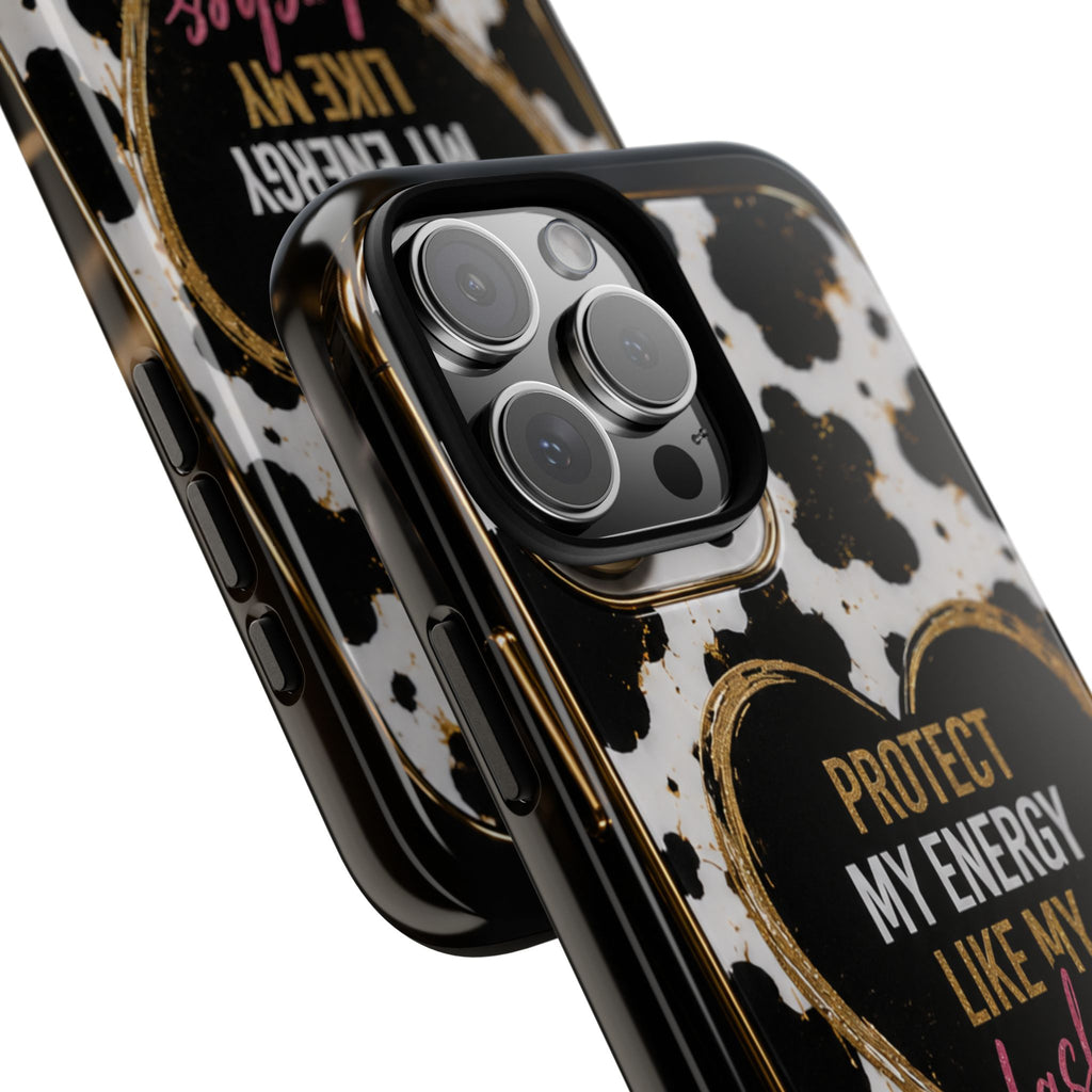 Phone Case — “Protect My Energy Like My Lashes” Cow Print Protective Case