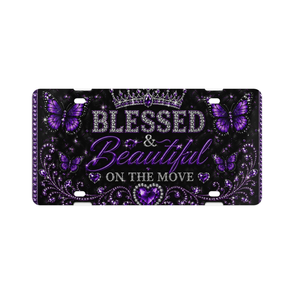 Blessed & Beautiful on the Move Decorative License Plate — Purple Butterfly Rhinestone Design