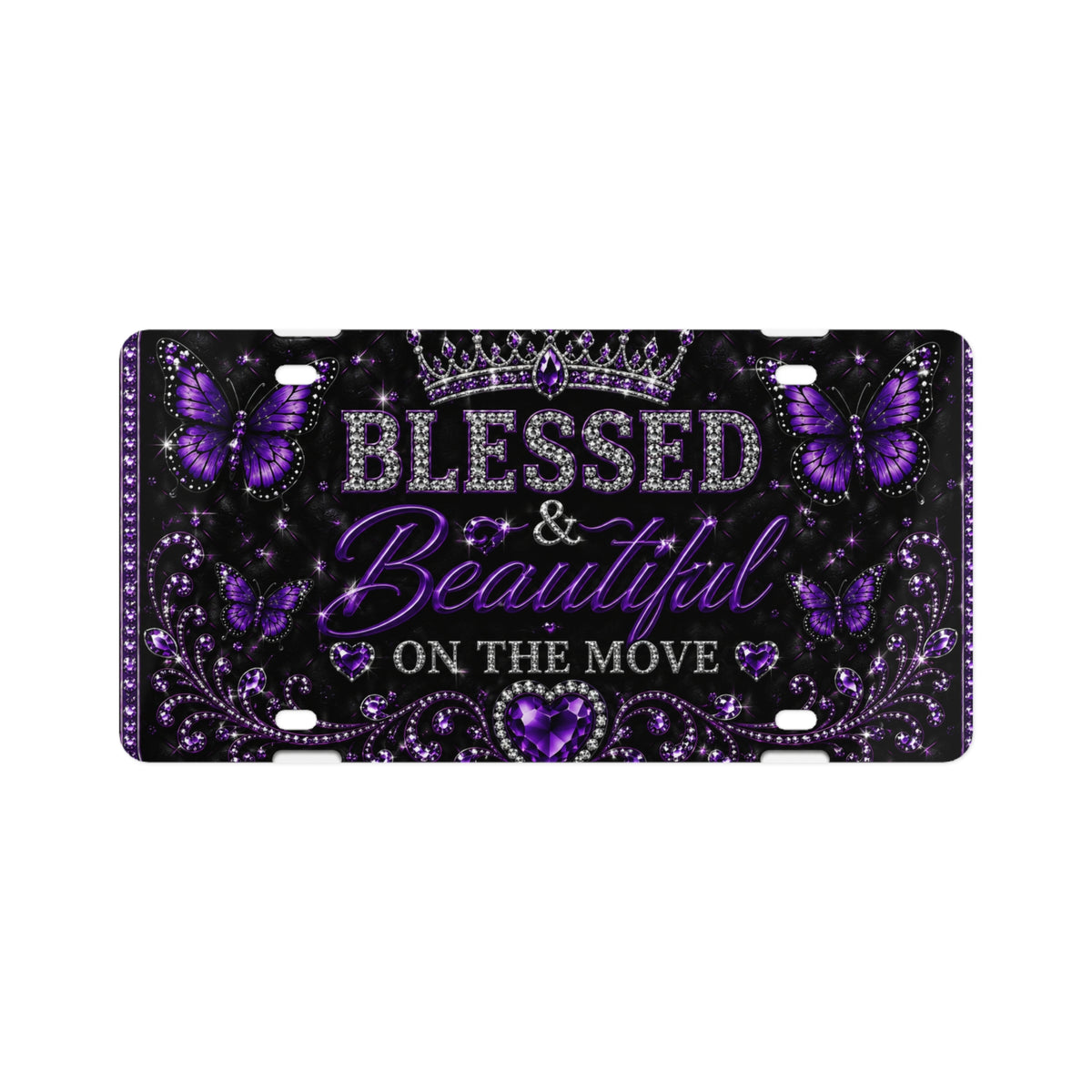Blessed & Beautiful on the Move Decorative License Plate — Purple Butterfly Rhinestone Design