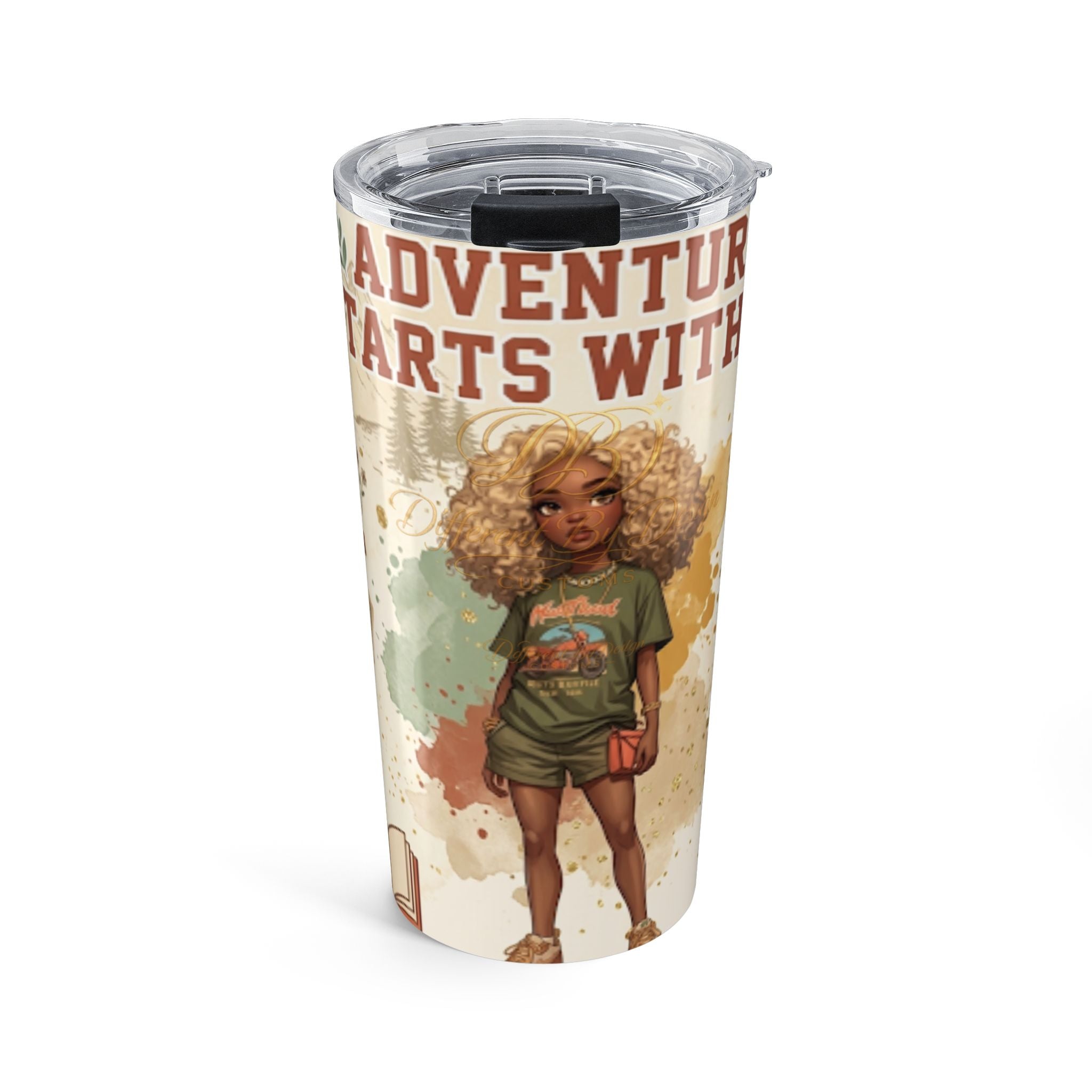 Adventure Starts With Me 20oz Travel Tumbler — Cute Afro Girl Design