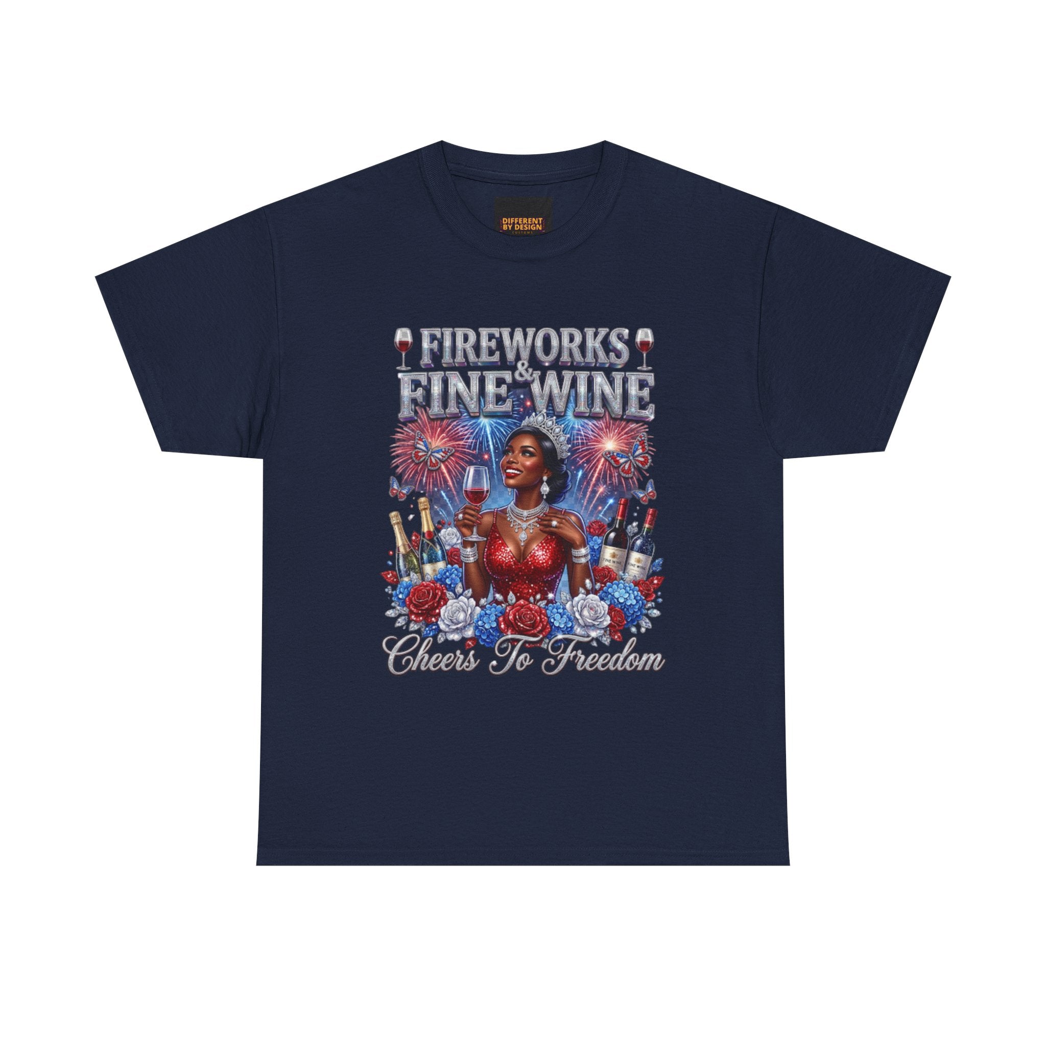 Fireworks & Fine Wine Tee — Cheers to Freedom 4th of July Patriotic Shirt