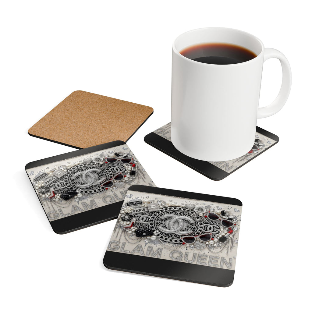 Glam Queen Cork Coaster Set — Fashion Jewelry Glitter Design (4-Pack)