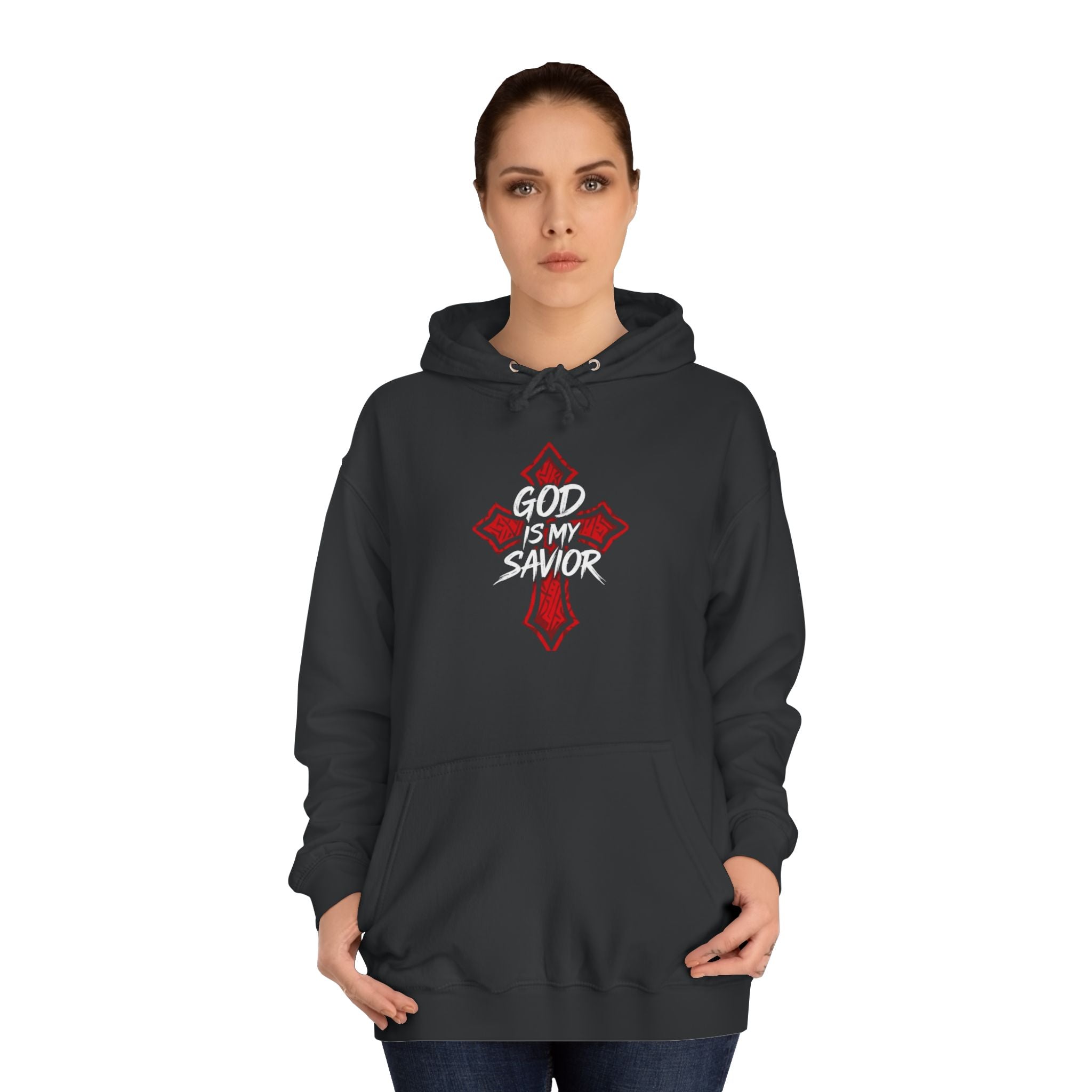 College Cross Hoodie — Minimal Red Emblem Campus Sweatshirt