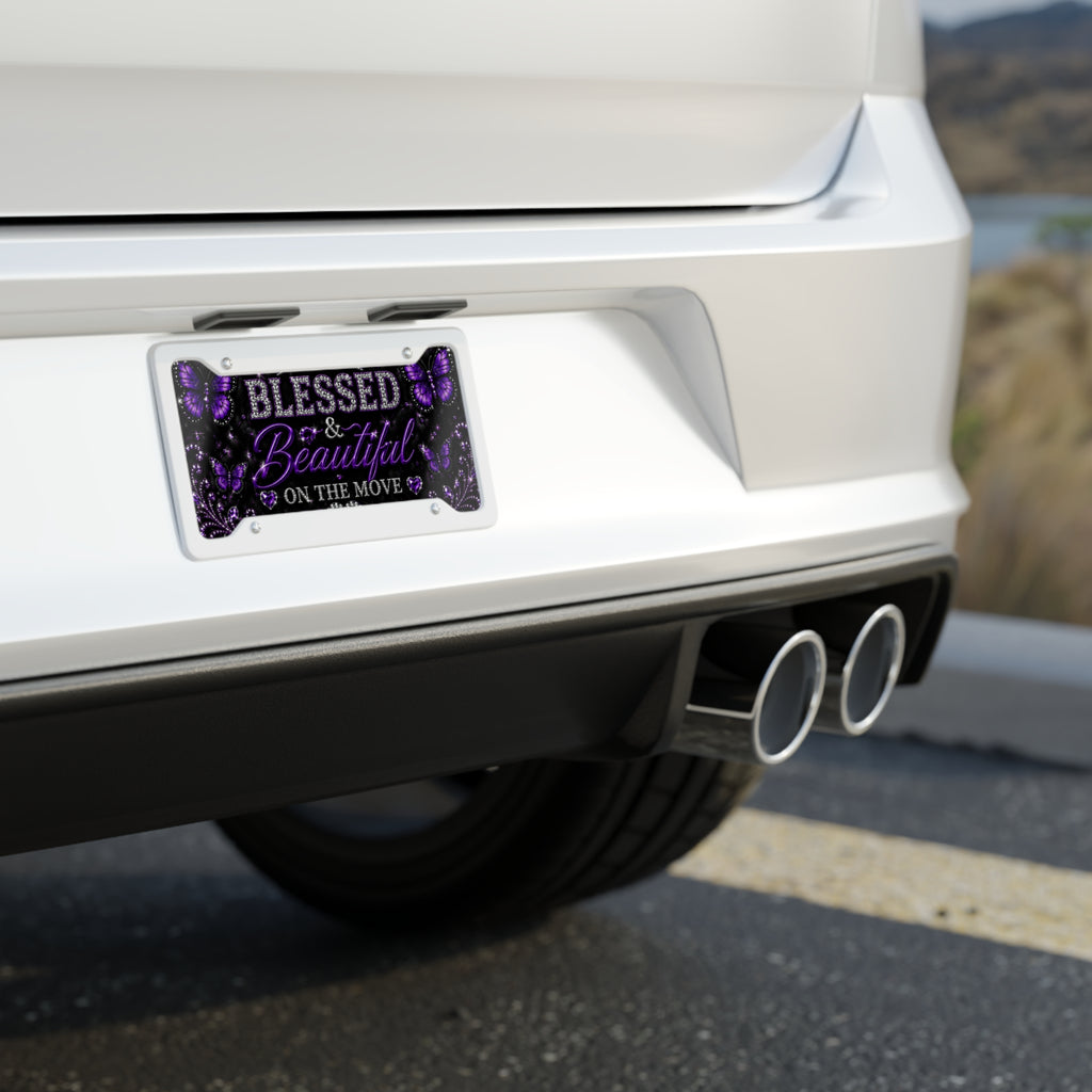 Blessed & Beautiful on the Move Decorative License Plate — Purple Butterfly Rhinestone Design