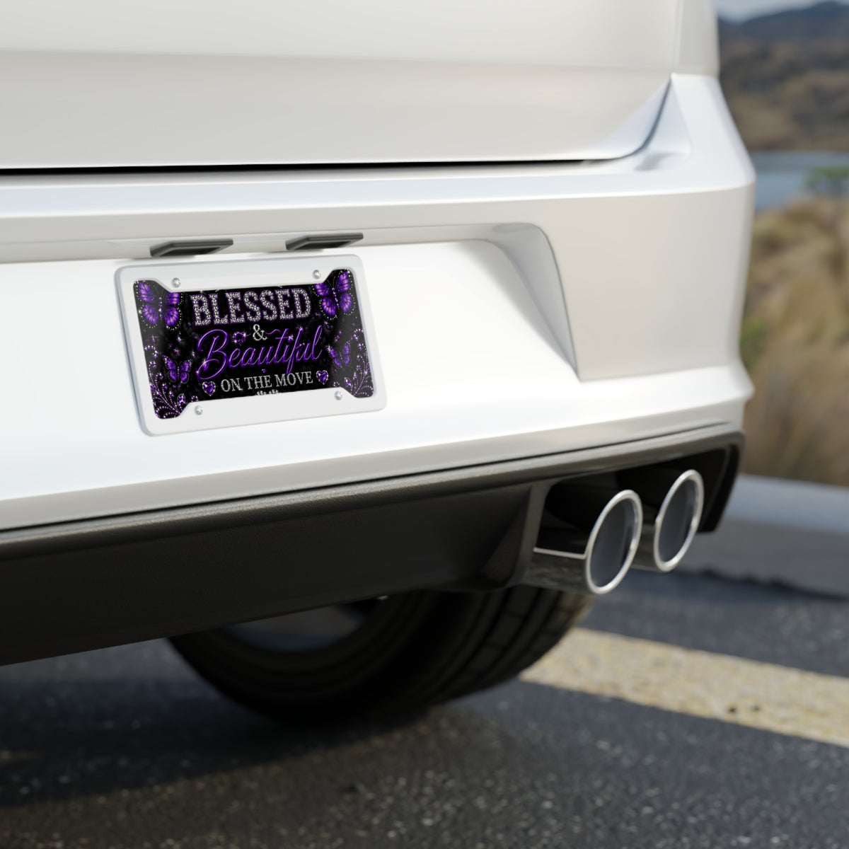 Blessed & Beautiful on the Move Decorative License Plate — Purple Butterfly Rhinestone Design