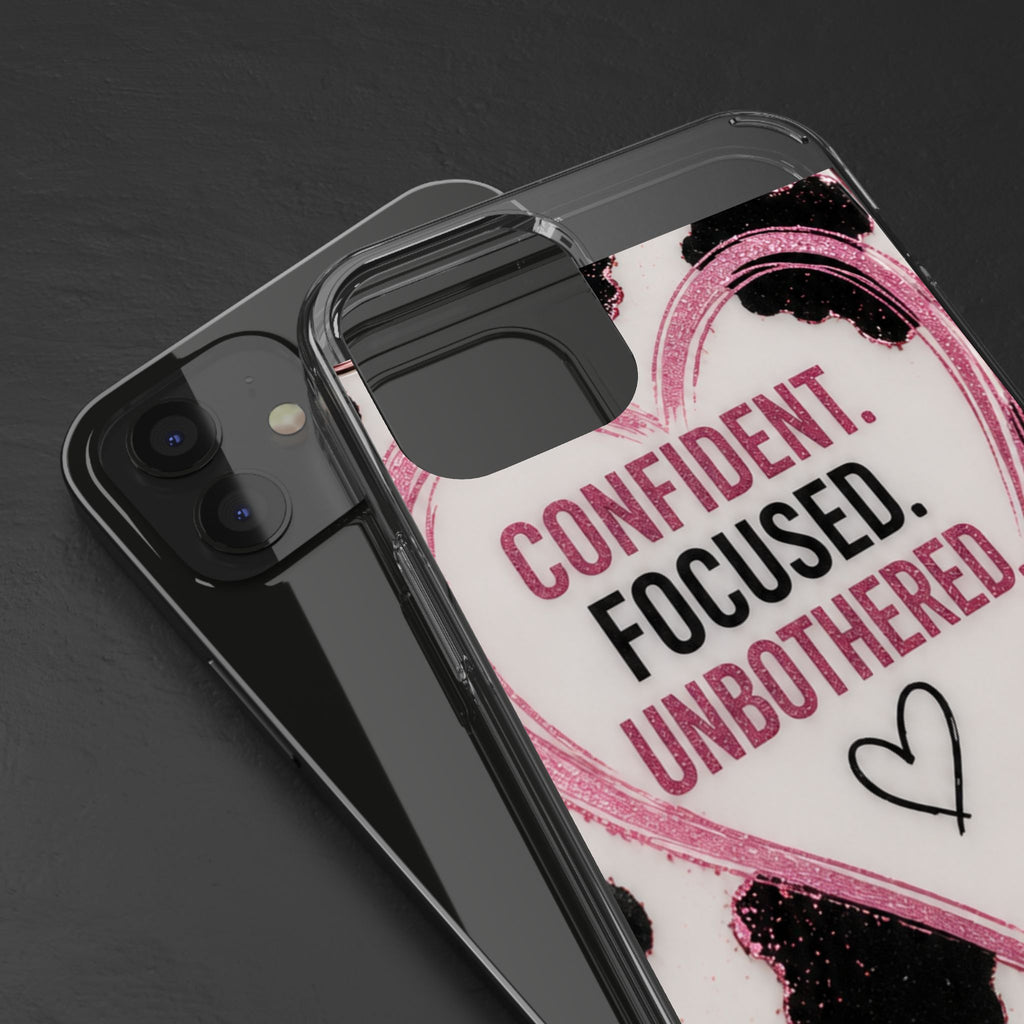 Clear Phone Case — "Confident. Focused. Unbothered." Cow Print