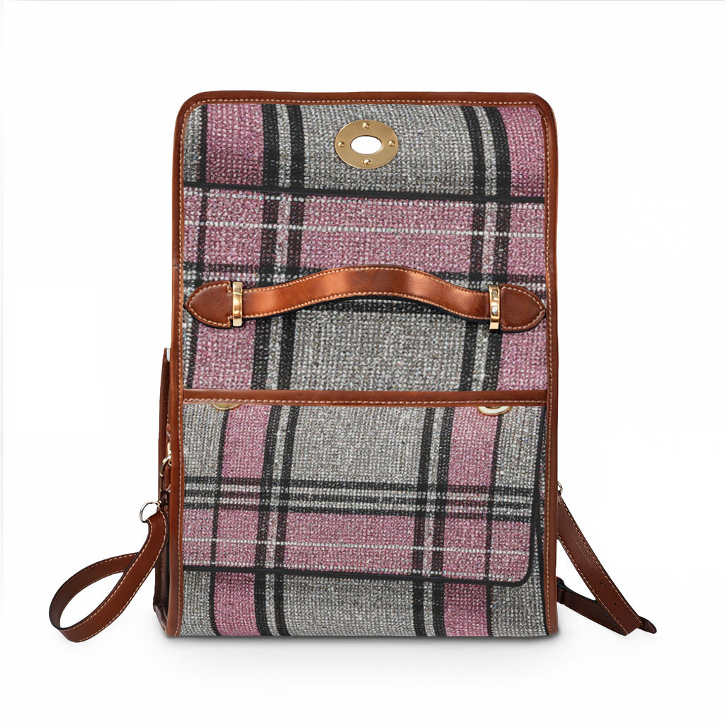 Plaid Waterproof Canvas Handbag — Pink Gray Tartan Crossbody Tote