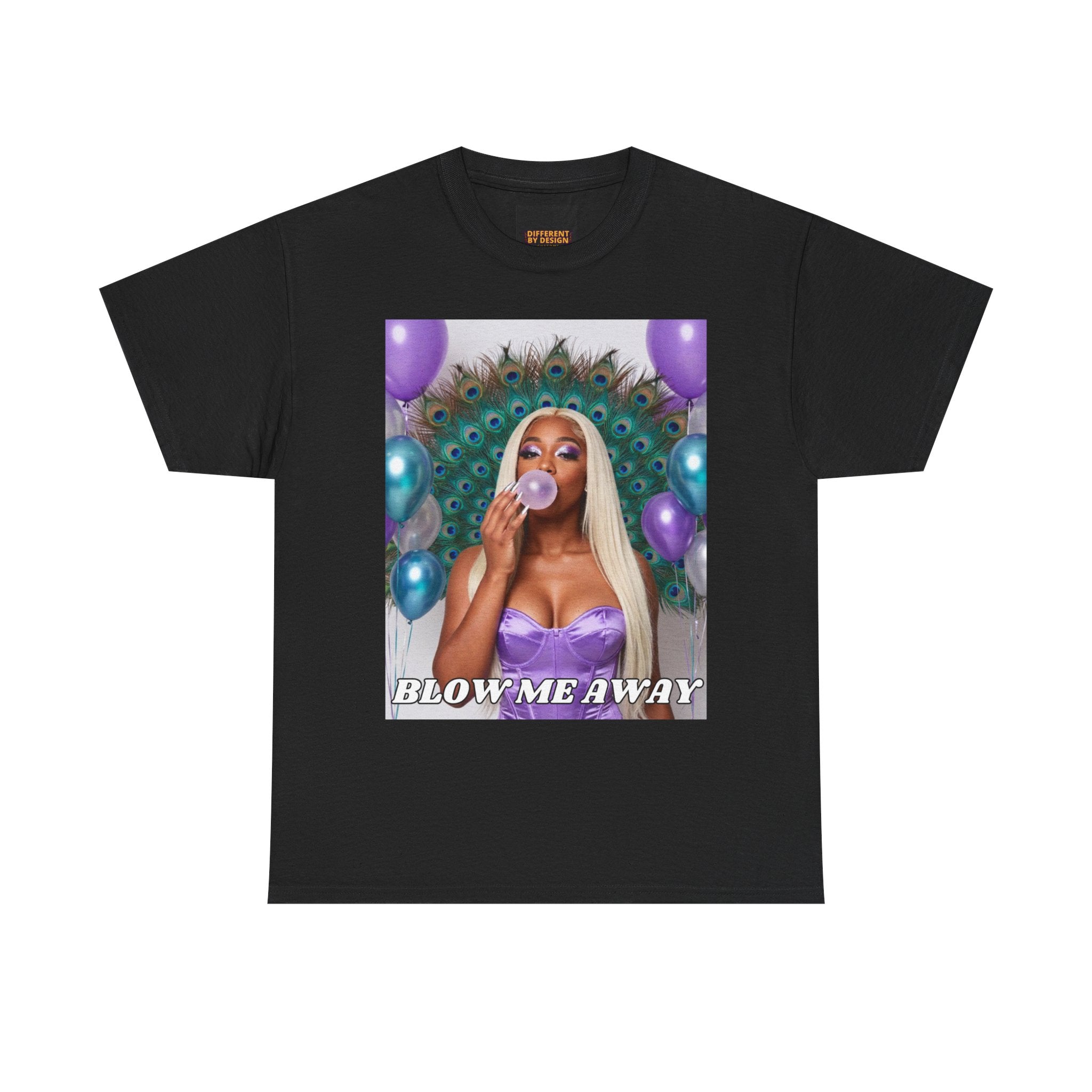 T-Shirt — "Blow Me Away" Bubblegum Pop Graphic Tee (Purple Peacock Design)