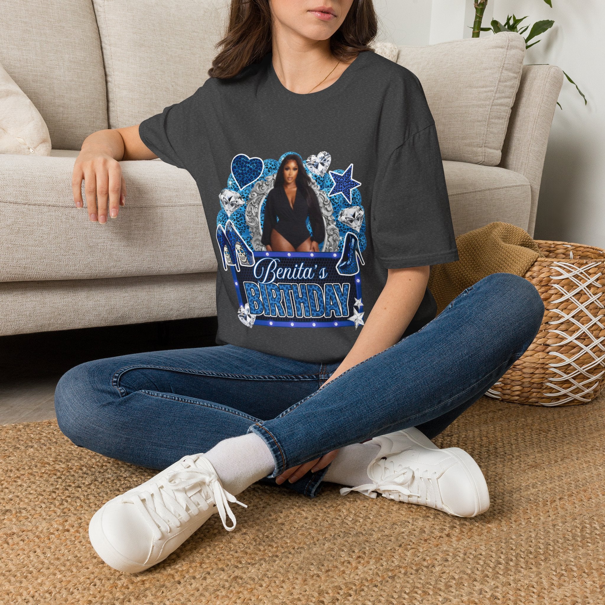 Custom Photo Birthday T-Shirt — Personalized "Birthday" Design with Blue Hearts & Diamonds