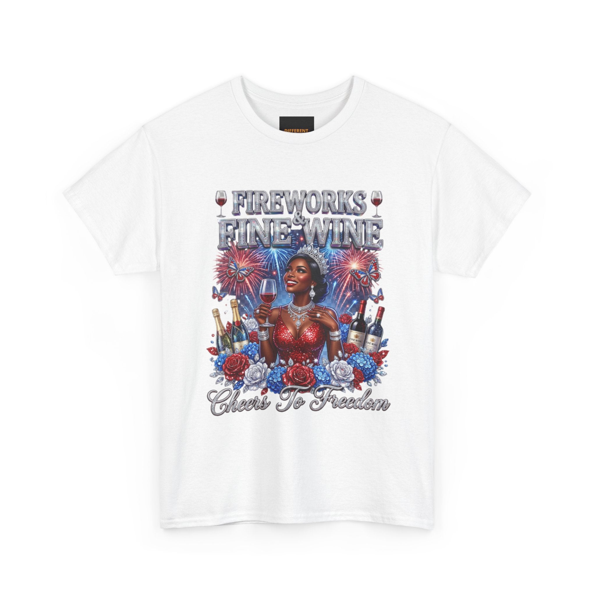 Fireworks & Fine Wine Tee — Cheers to Freedom 4th of July Patriotic Shirt