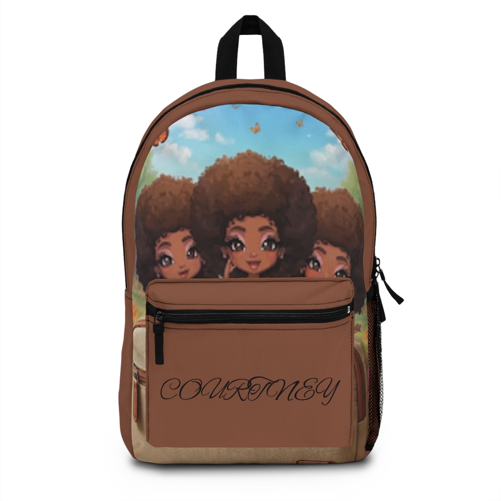 Afro Girl Trio Personalized Brown Backpack – Cute Cartoon Afro Kids School Bag with Name