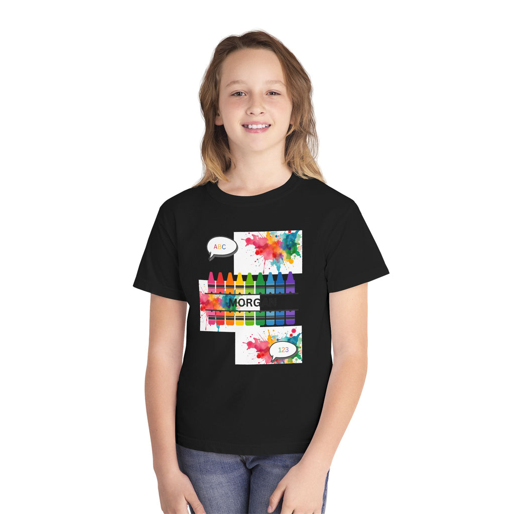 Kids Crayon Name T‑Shirt — Personalized Colorful Art Tee (ABC, 1-2)