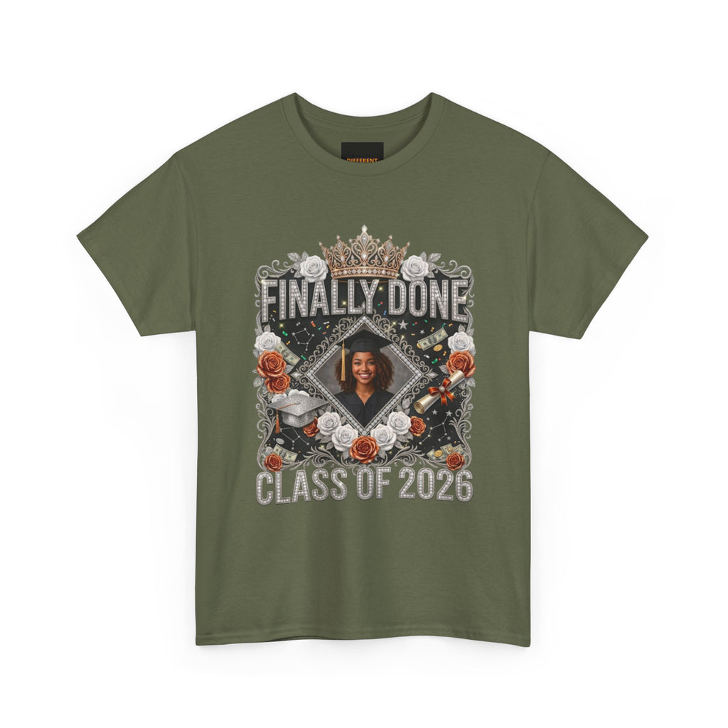 Graduation Tee — "Finally Done" Class of 2026 Personalized Cap & Gown Design