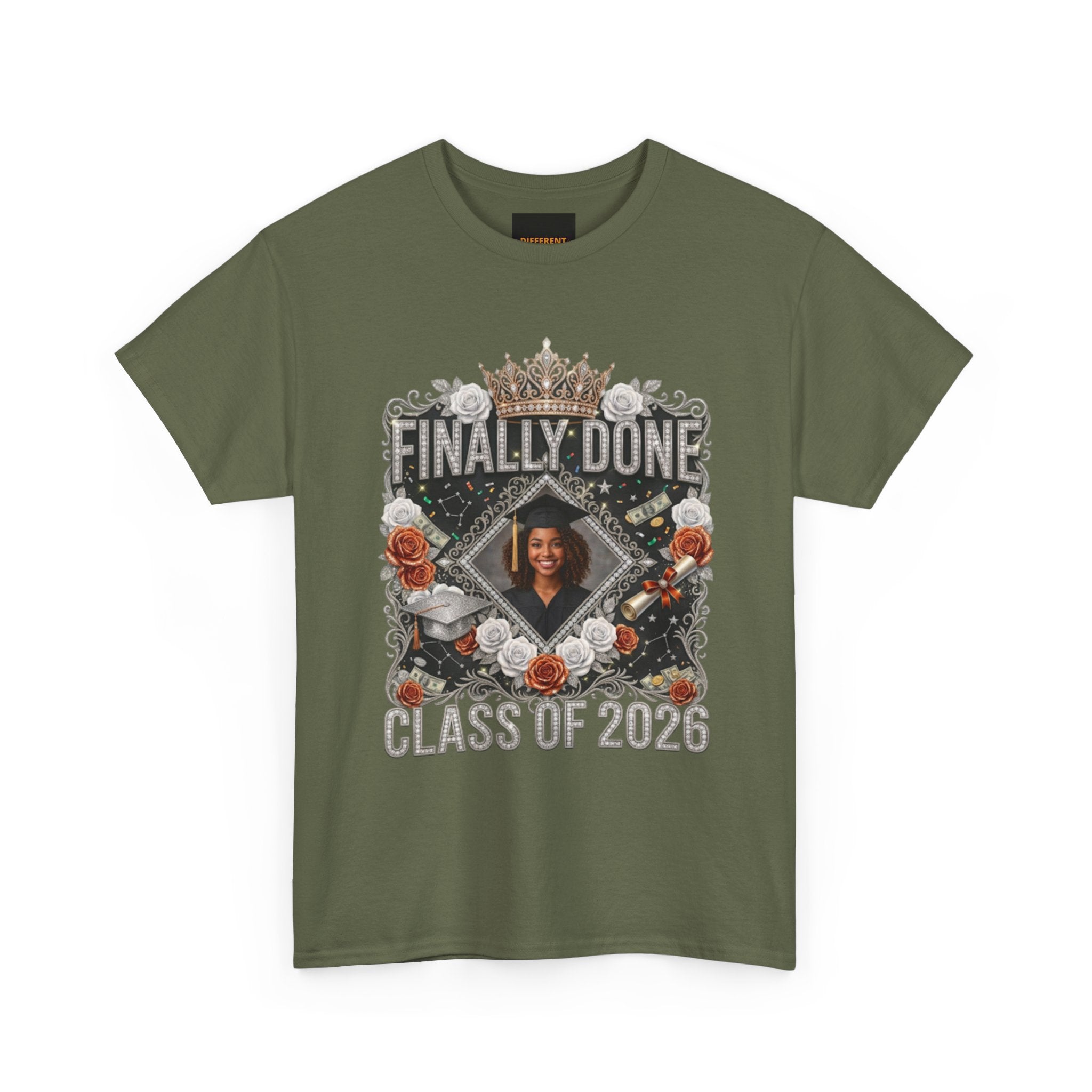 Graduation Tee — "Finally Done" Class of 2026 Personalized Cap & Gown Design