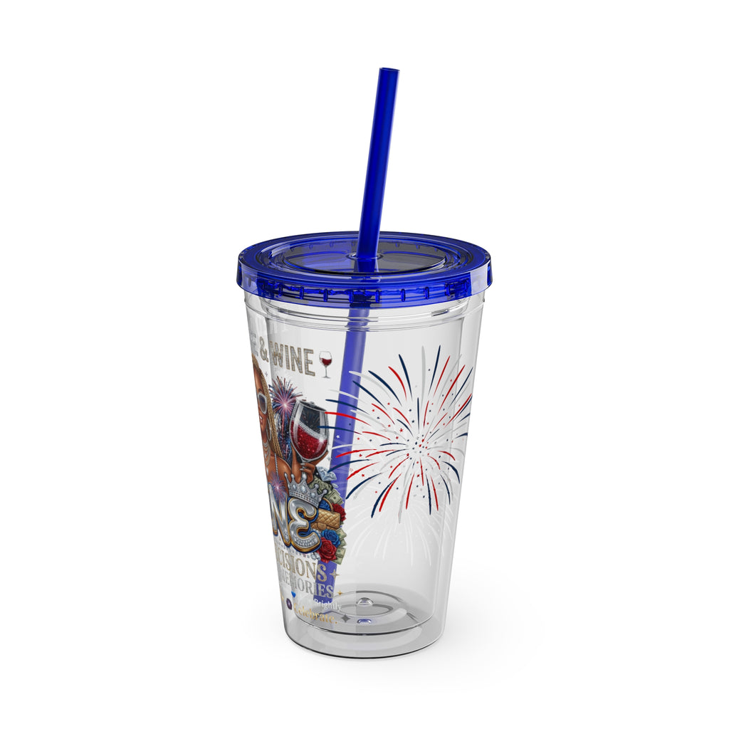 16oz Sunsplash Tumbler with Straw — 'Red, White & Wine' Patriotic Wine Lover Cup