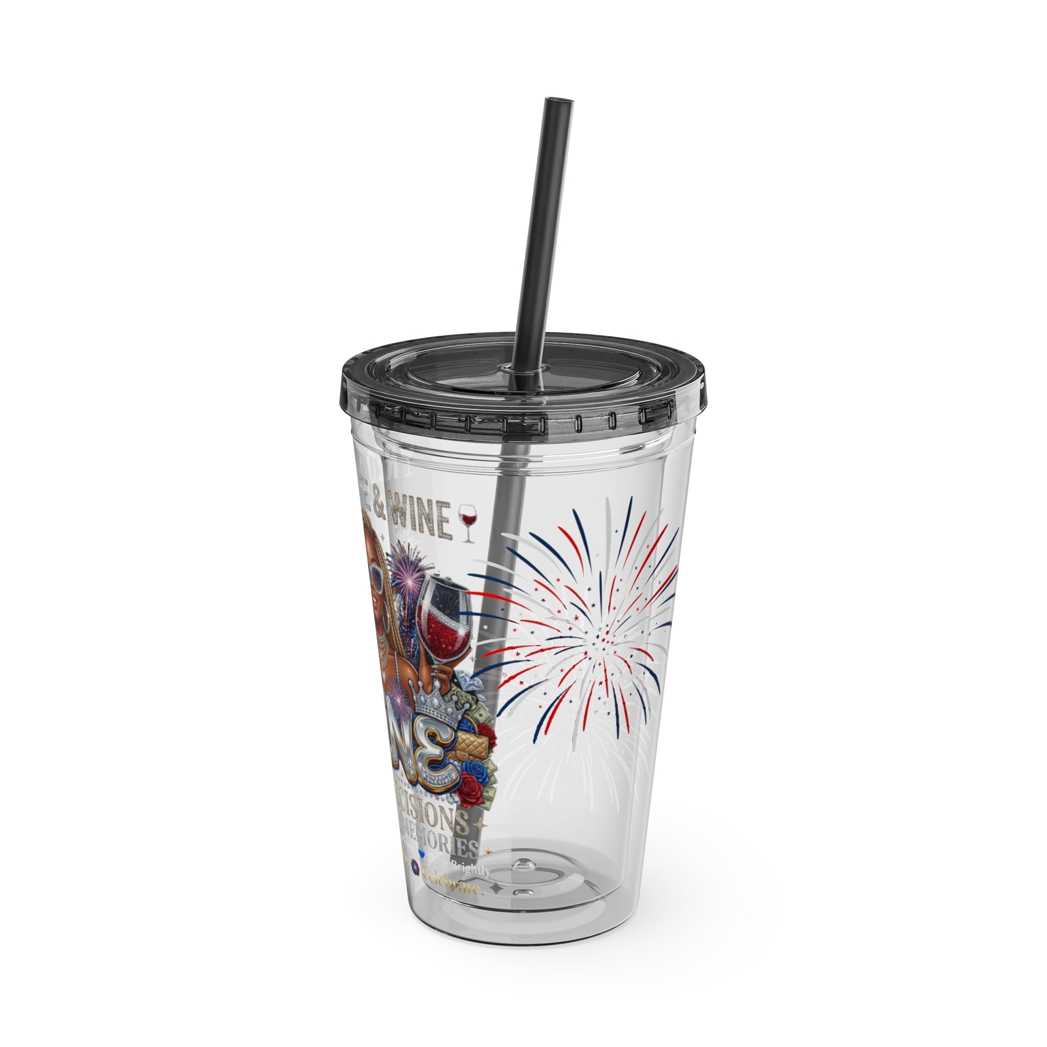 16oz Sunsplash Tumbler with Straw — 'Red, White & Wine' Patriotic Wine Lover Cup